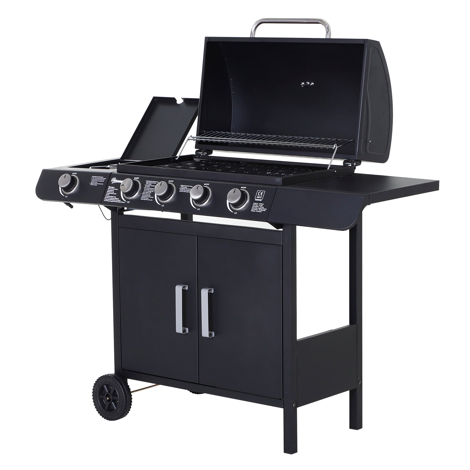 4+1 Gas Burner Grill, Bbq Trolley, Wheels | Black