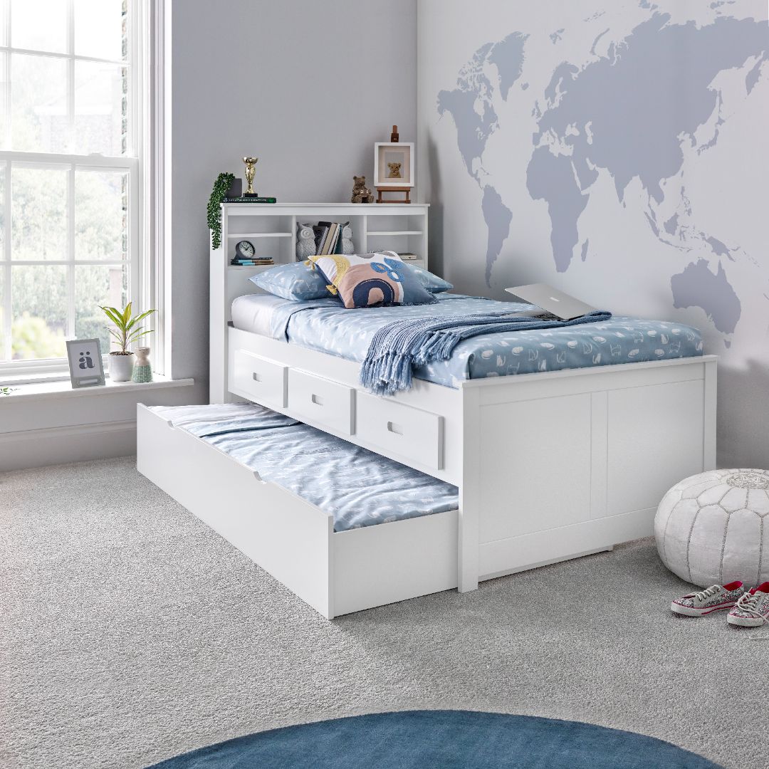 Veera Guest Bed With Drawers And Trundle With Memory Foam Mattresses | Single | White