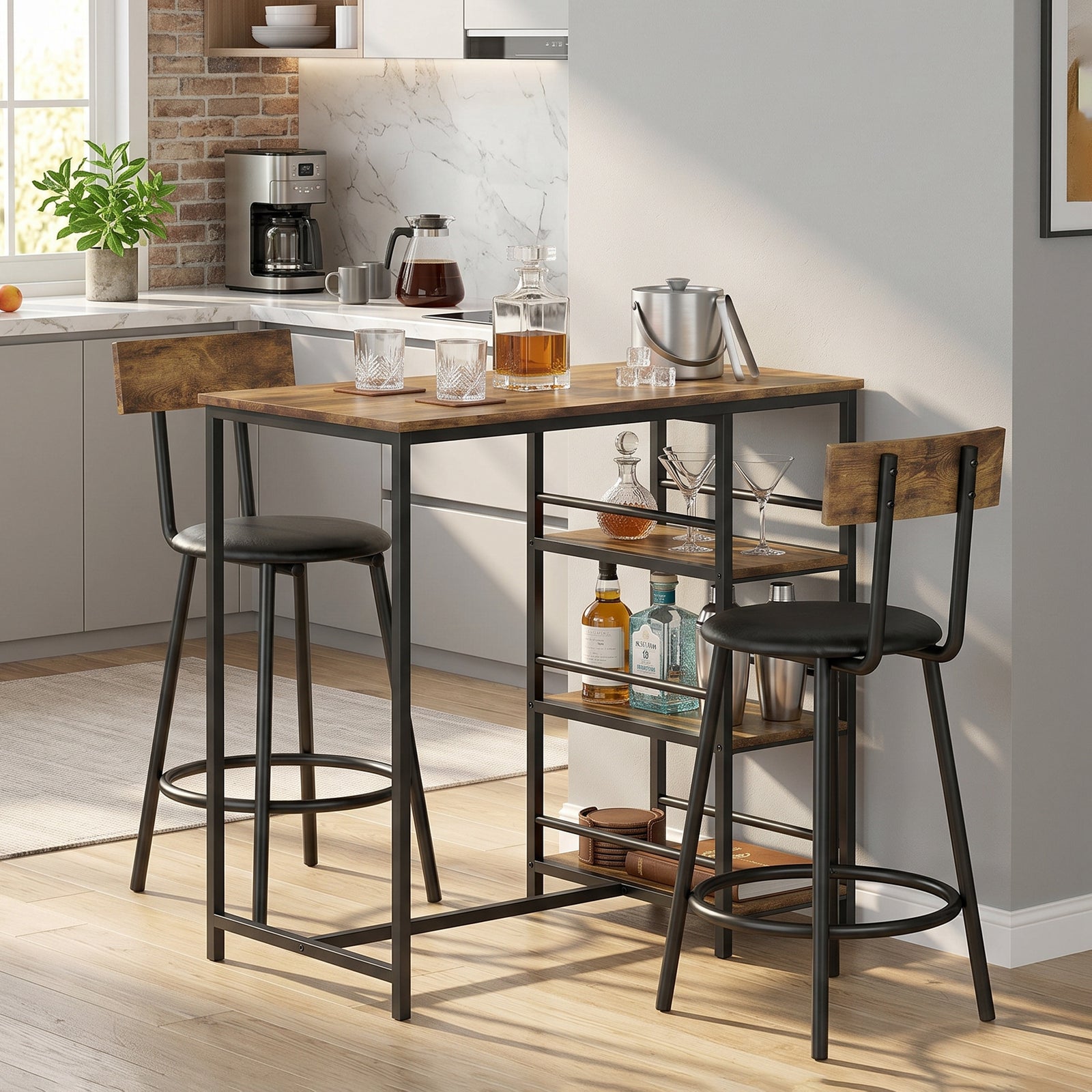 HOMCOM Space Saving Bar Table And Pu Leather Stools For 2, Rustic Brown