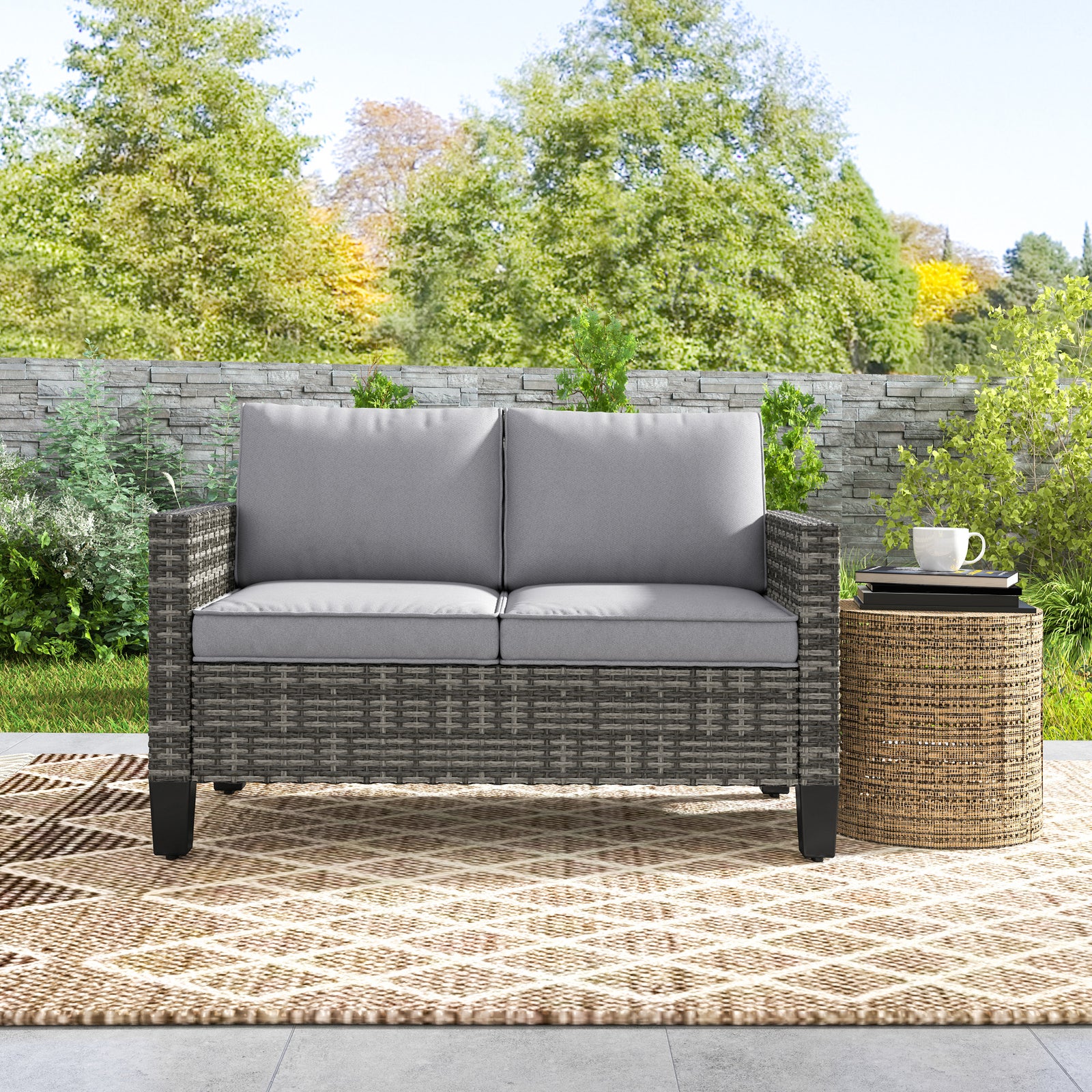 Rattan Sofa W/ Cushions, 2 Seater Garden Furniture | Dark Gray
