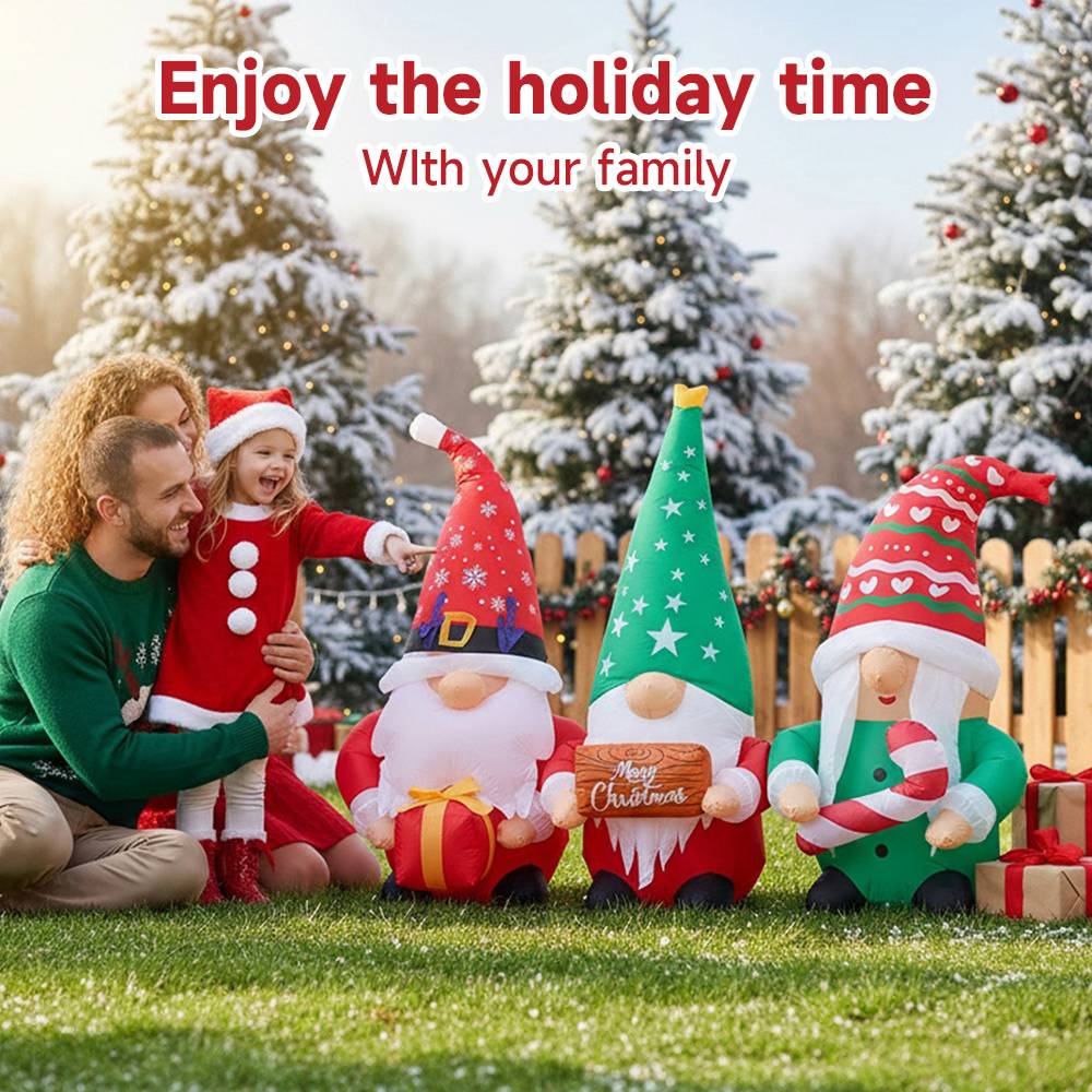 2.1m W Inflatable Christmas Gnomes Trio – Outdoor Decoration With Led Lights, Air Blower, Stakes & Water Bags