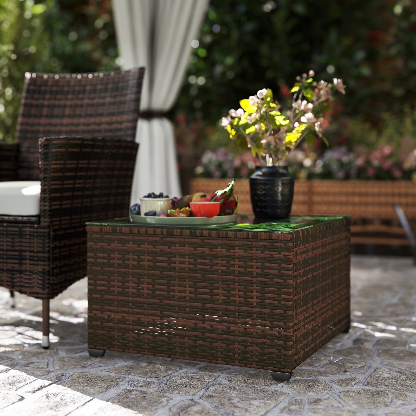 Outdoor Coffee Table W/ Glass Top, Rattan Side Table | Brown