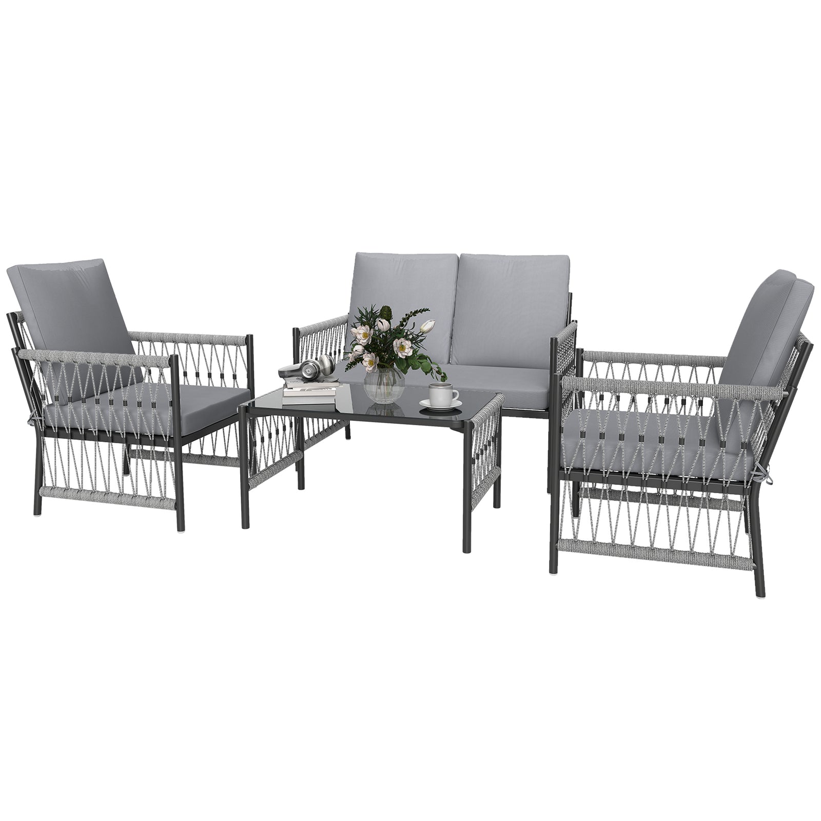 4 Piece Rattan Set, Wicker Conversation Set | Gray