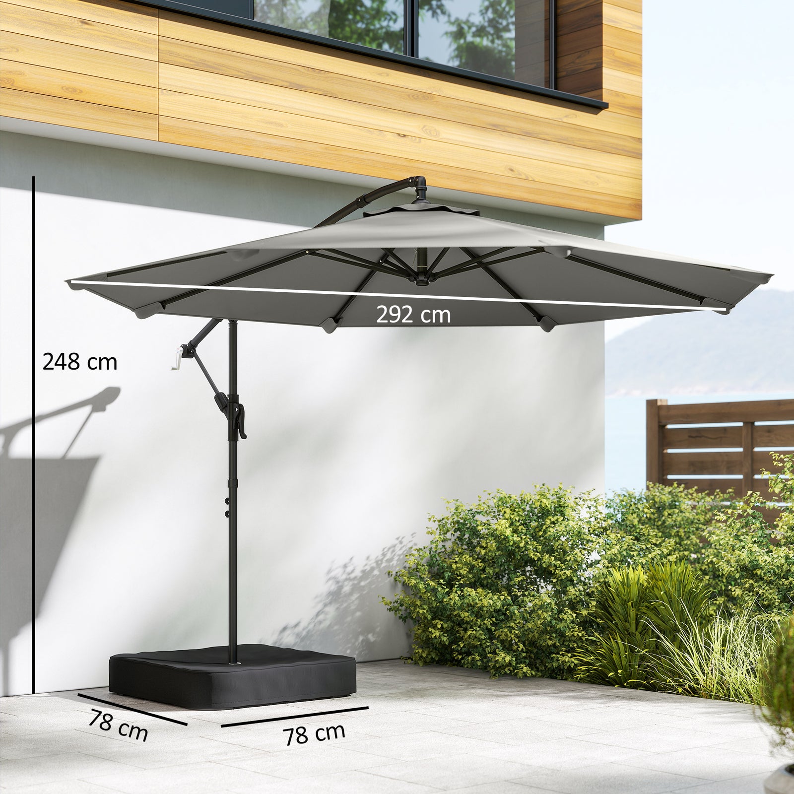3 M Garden Cantilever Parasol With Sandbag, 360 Degree Rotation | Grey