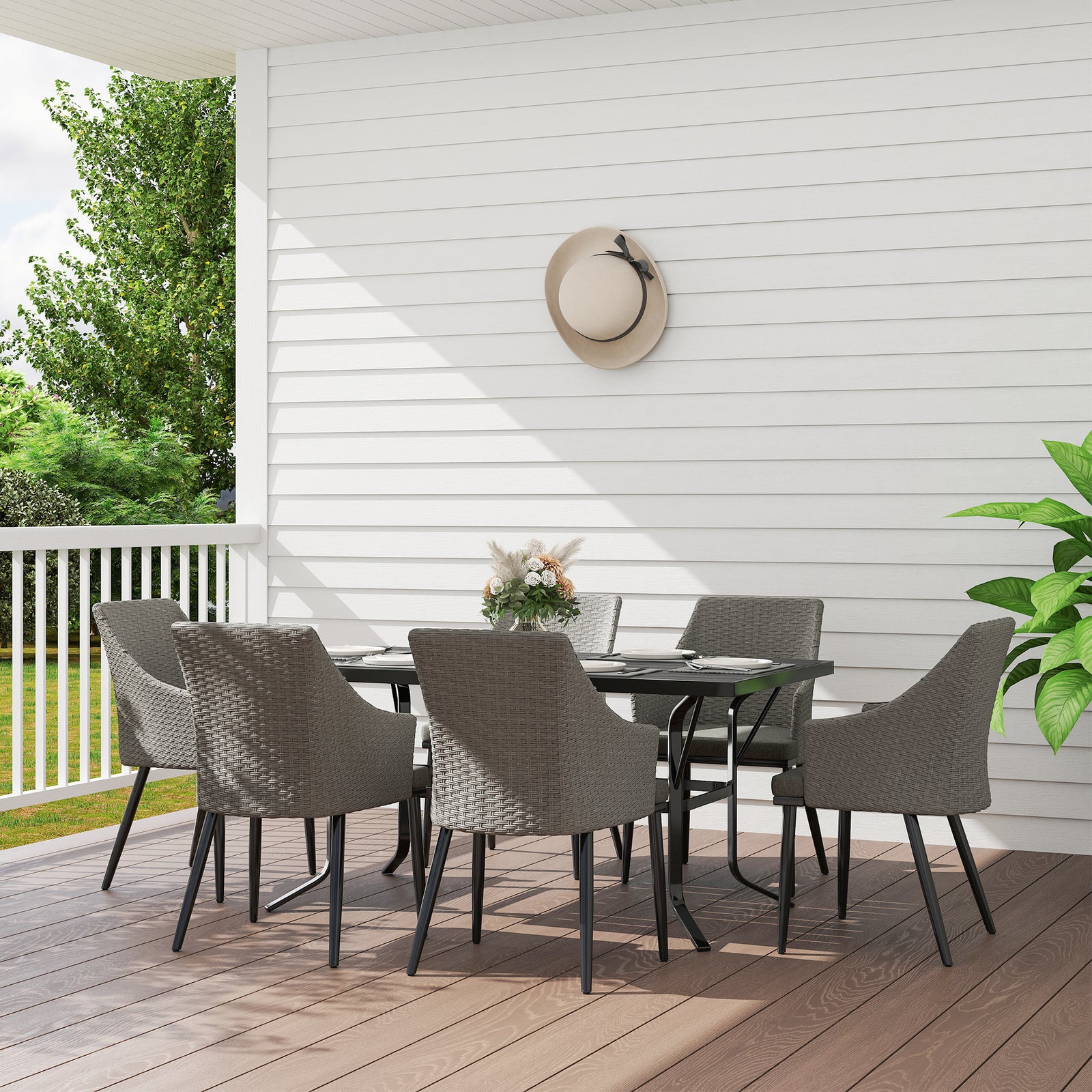 6 Seater Rattan Dining Set, Rectangle Slatted Table | Gray