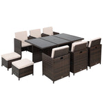 11 Pieces Rattan Dining Set Cushion Footrest Garden Wicker | Brown