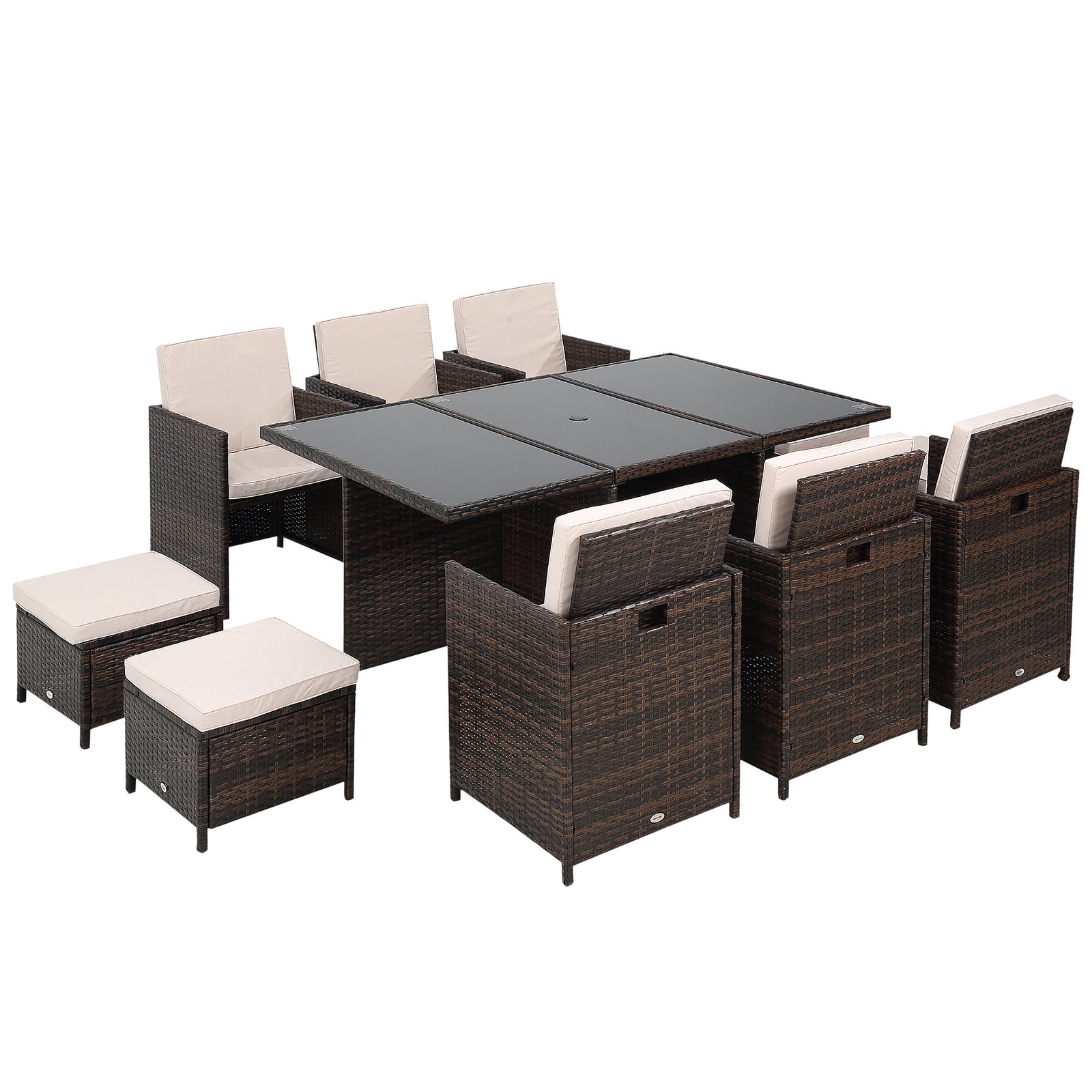 11 Pieces Rattan Dining Set Cushion Footrest Garden Wicker | Brown