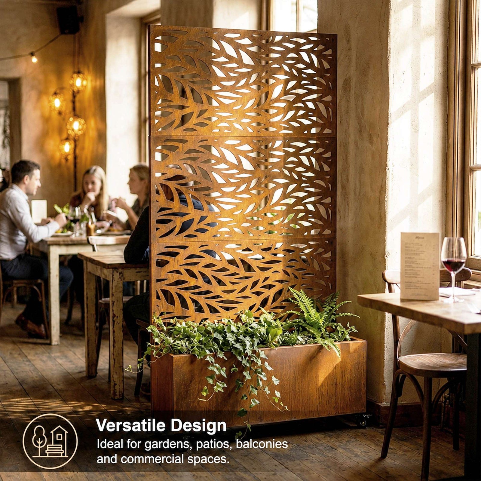 Metal Privacy Screen With Plant Pot - Leaf | Rust