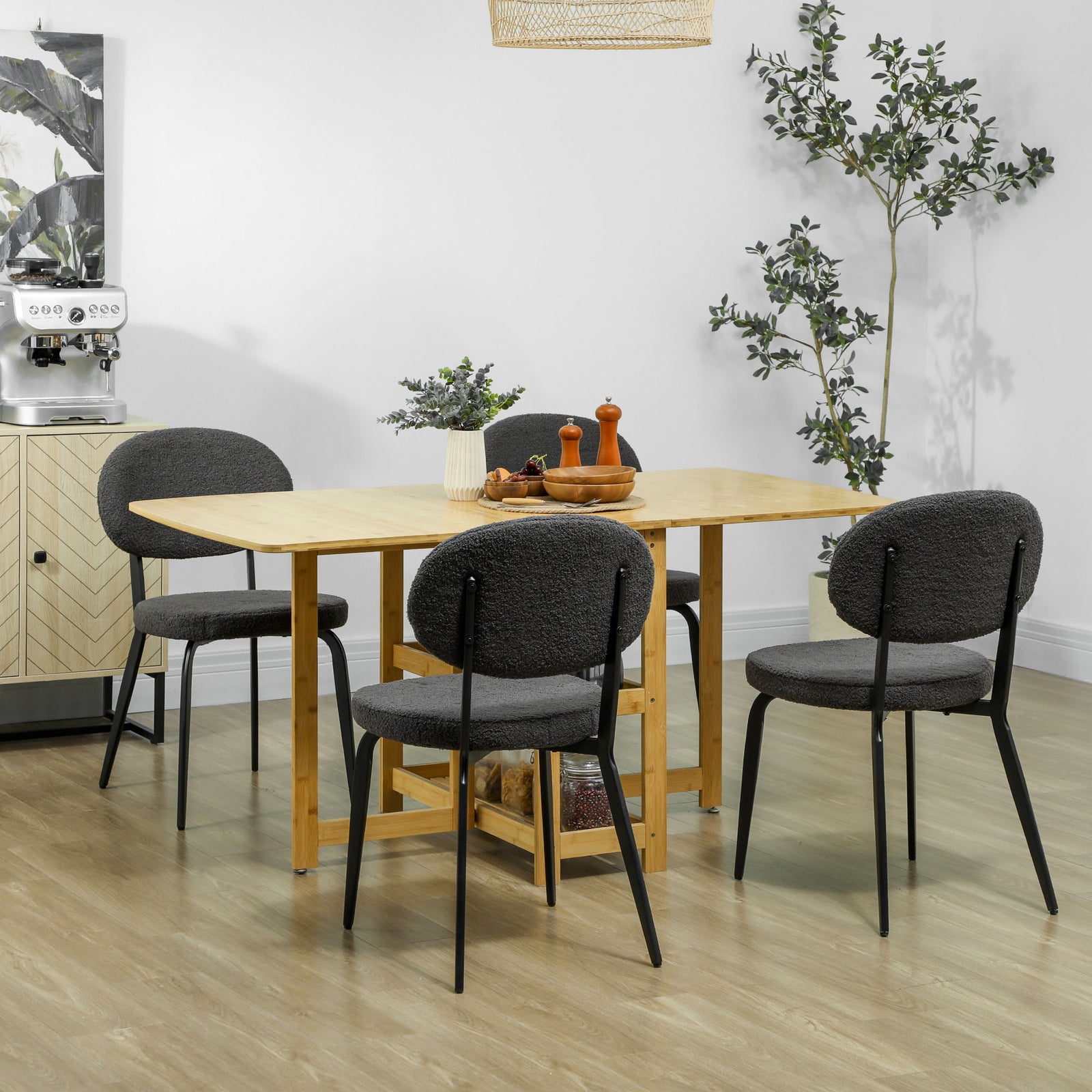Set Of 4 Sherpa Dining Chairs Boucle Kitchen Chairs | One Size | Black