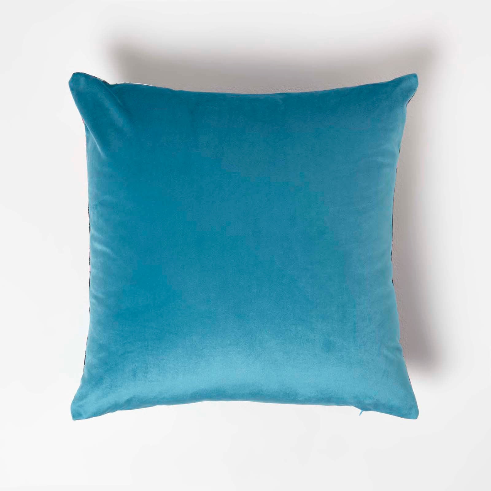 Floral Peacock Filled Velvet Cushion 46 X 46 Cm | 45cm x 45cm | Teal