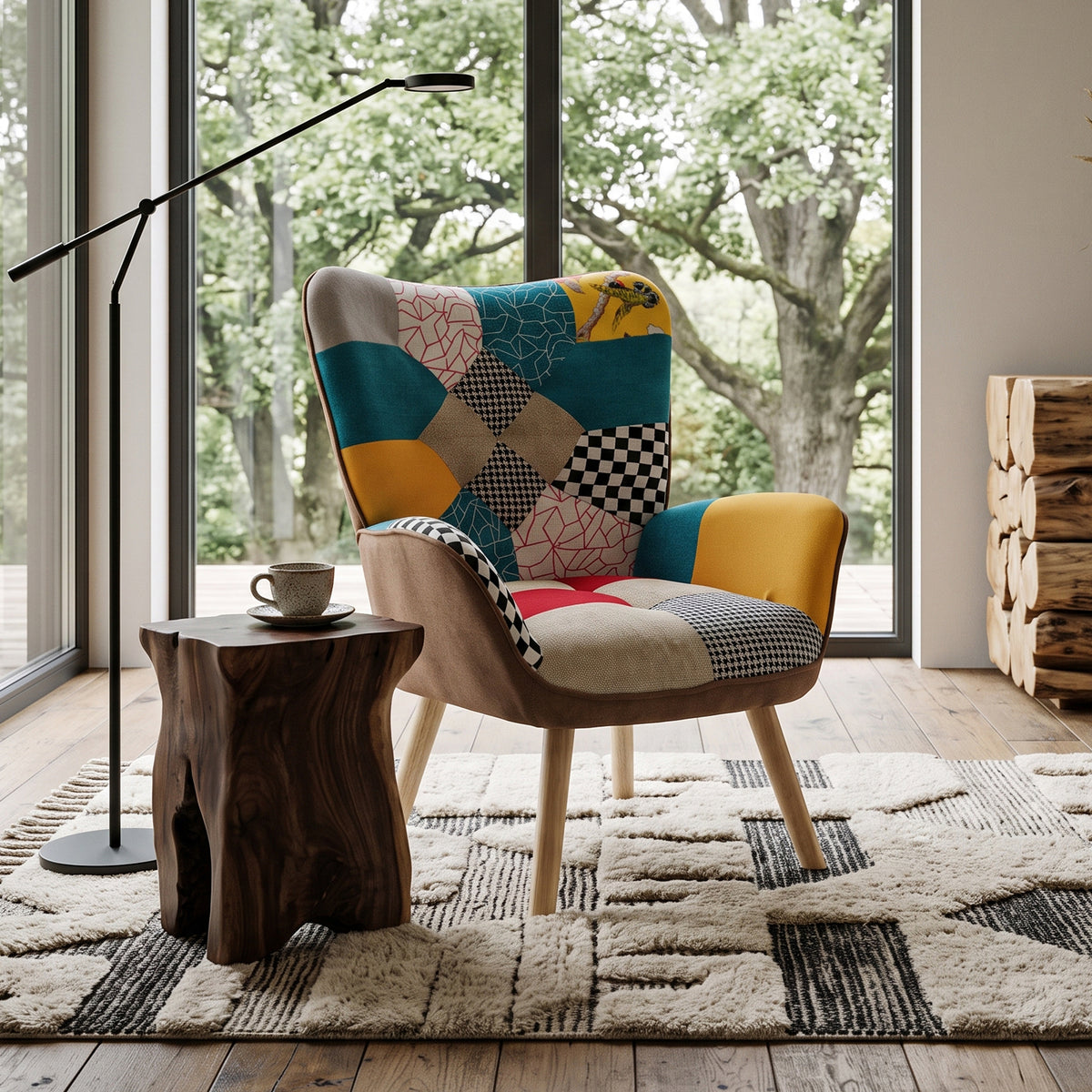 Breeins Cozy Linen Upholstered Block-Stitch Lounge Chair with Wooden Base