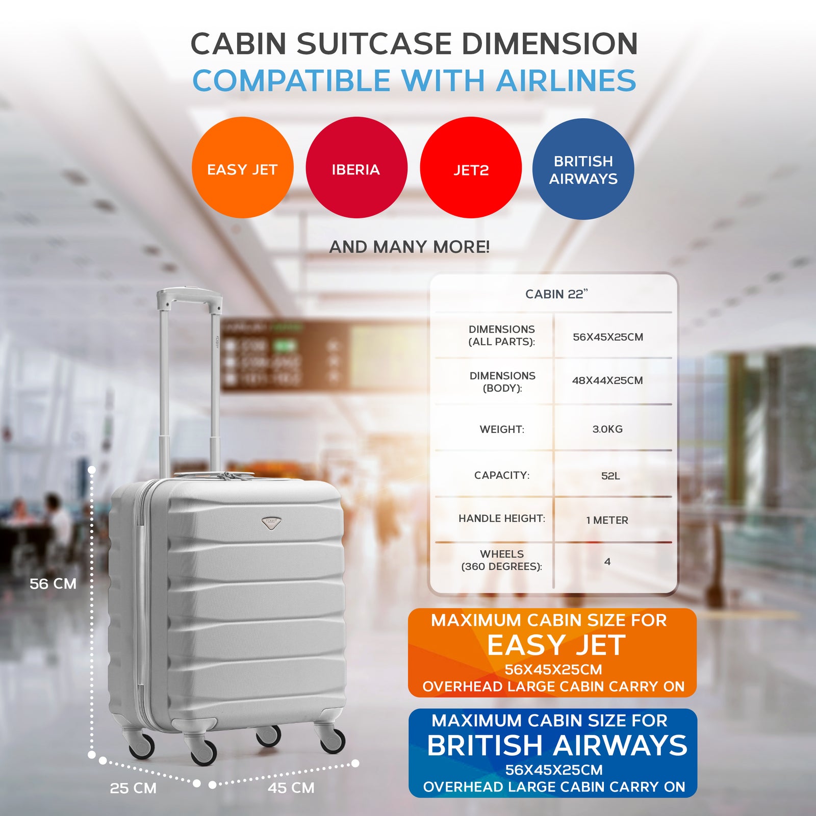 56x45x25cm Large Cabin Carry On Case - Overhead Luggage Suitcase - 4 Spinner Wheels - Abs Shell | 56 x 45 x 25cm | Silver