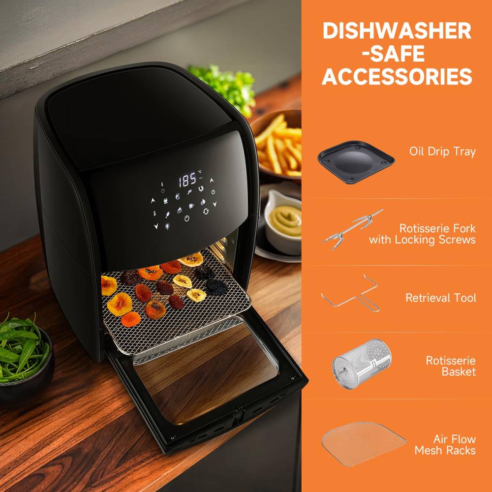 12l Digital Air Fryer Oven With Rotisserie & Skewer Set – 1800w Large Capacity, Touch Panel, 8 Preset Modes, Mesh Tray & Oil Collection Tray