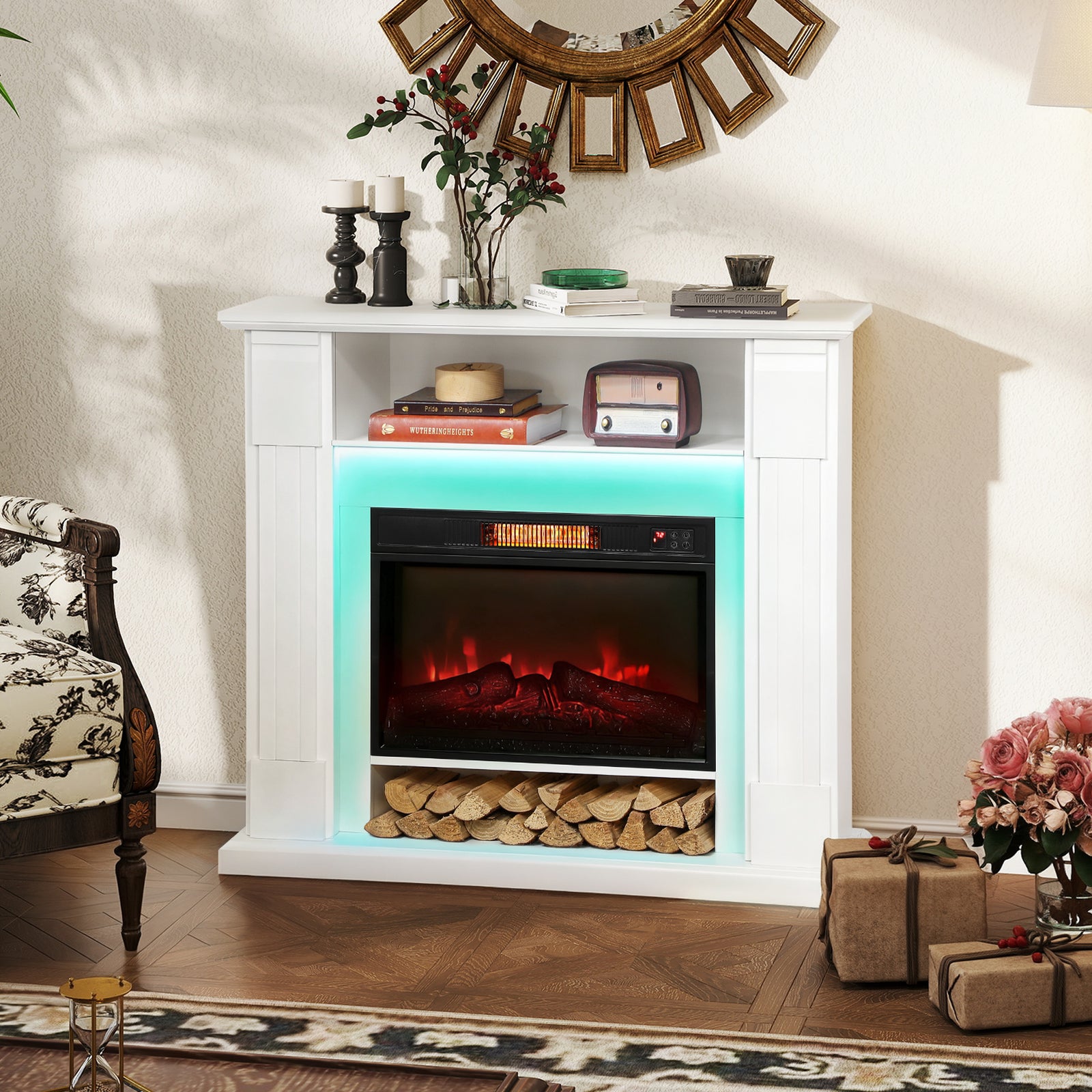 1800w Inset Electric Fireplace With Rgb Led Lights, White