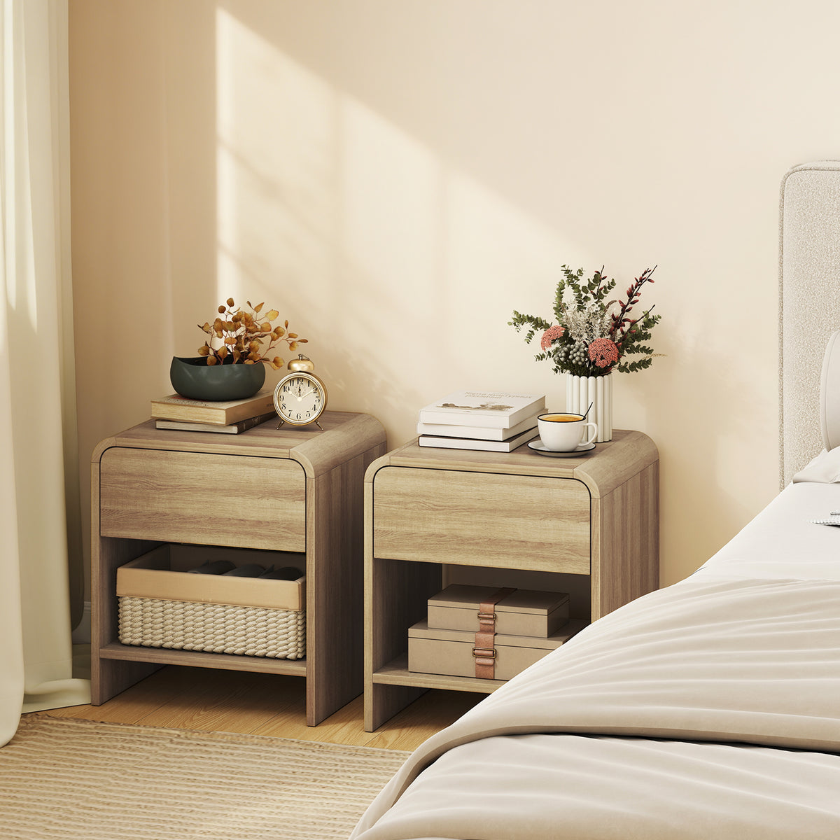 HOMCOM Bedside Tables Set Of 2, Rounded Corner Nightstand Drawer Natural