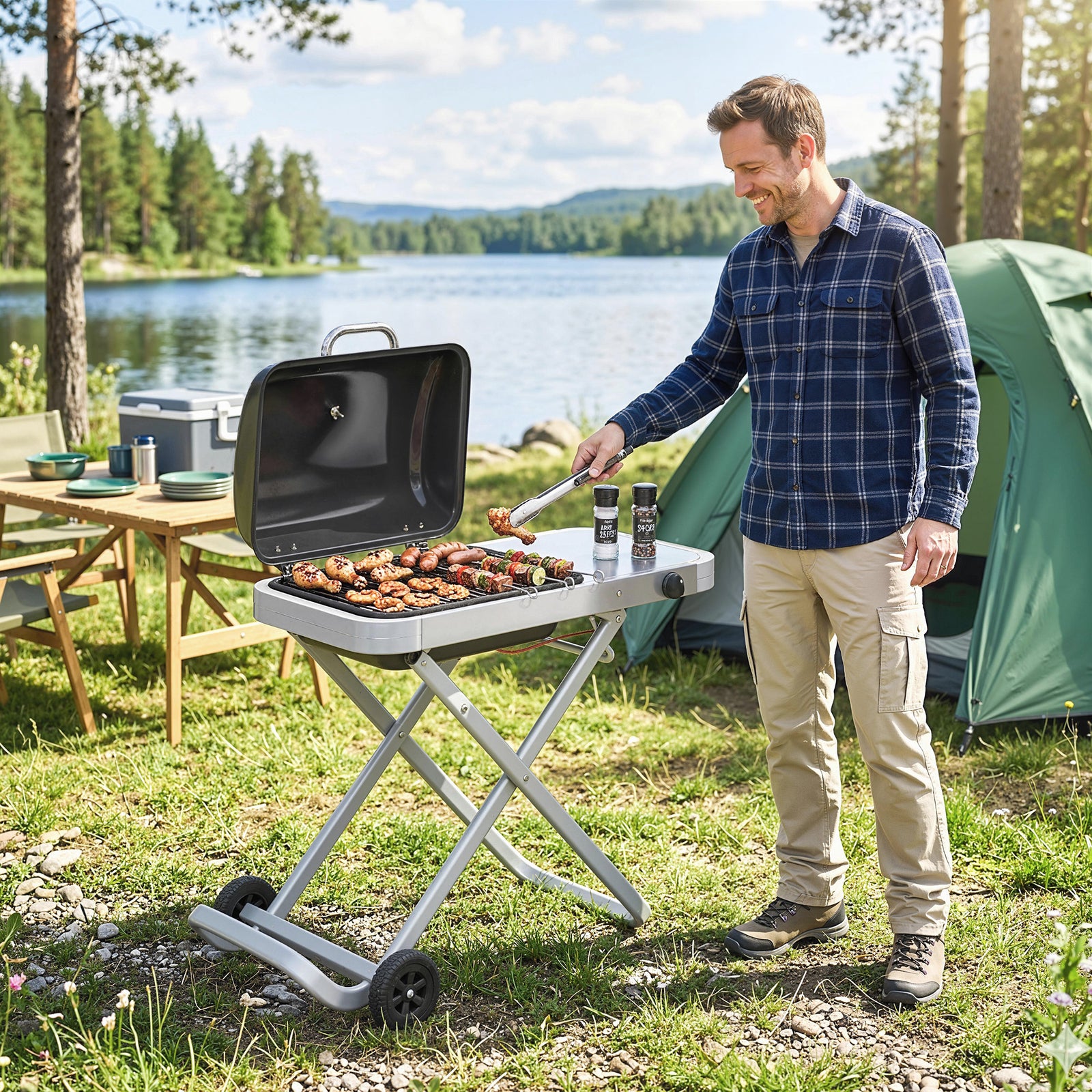Outsunny Foldable Gas Bbq Barbecue Grill With Side Table, 2.5 Kw, Black
