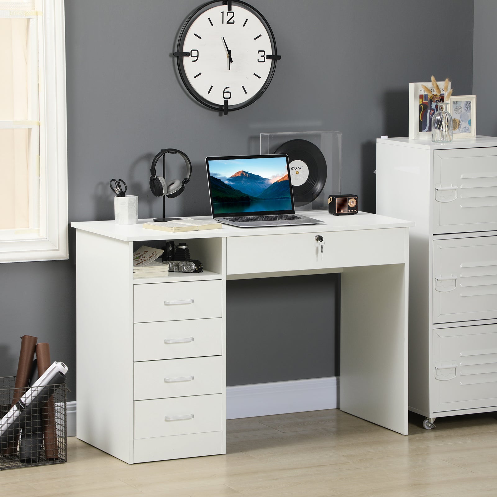 Computer Desk Writing Desk With Five Drawers For Home Office | White