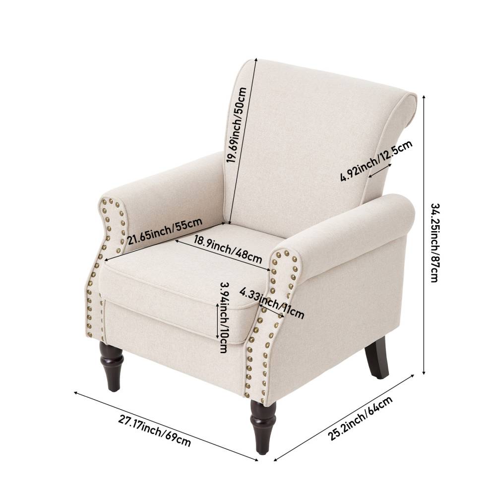 Beige Velvet Linen Wingback Armchair – Accent Chair With Nailhead Trim