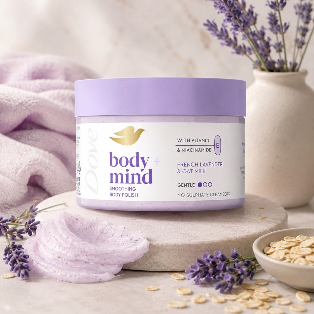 Body + Mind Smoothing Body Scrub, French Lavender & Oat Milk, 295ml | Set-of-6