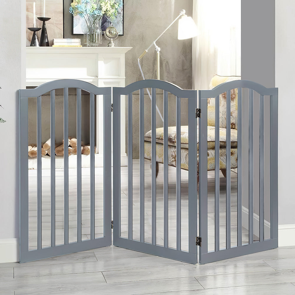 Foldable Freestanding 3/4-panel Arched Pet Gate, Indoor Safety Barrier For Doorways, Halls & Staircases | Small | Grey