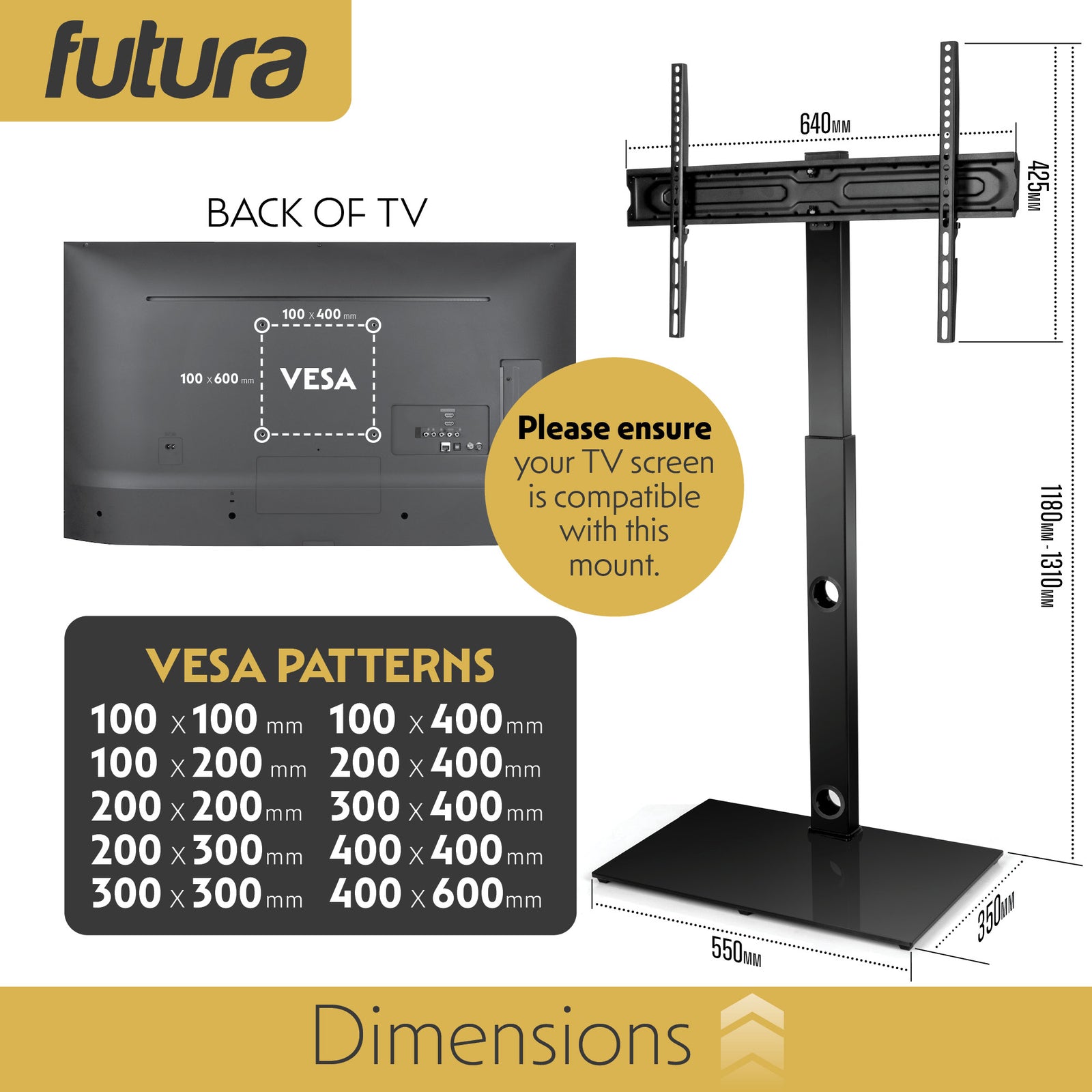 Universal Tv Stand 30 To 75 Inch Tvs, Swivel & Height Adjustable, 40kg Load, Max Vesa 600x400mm, Tempered Glass Base