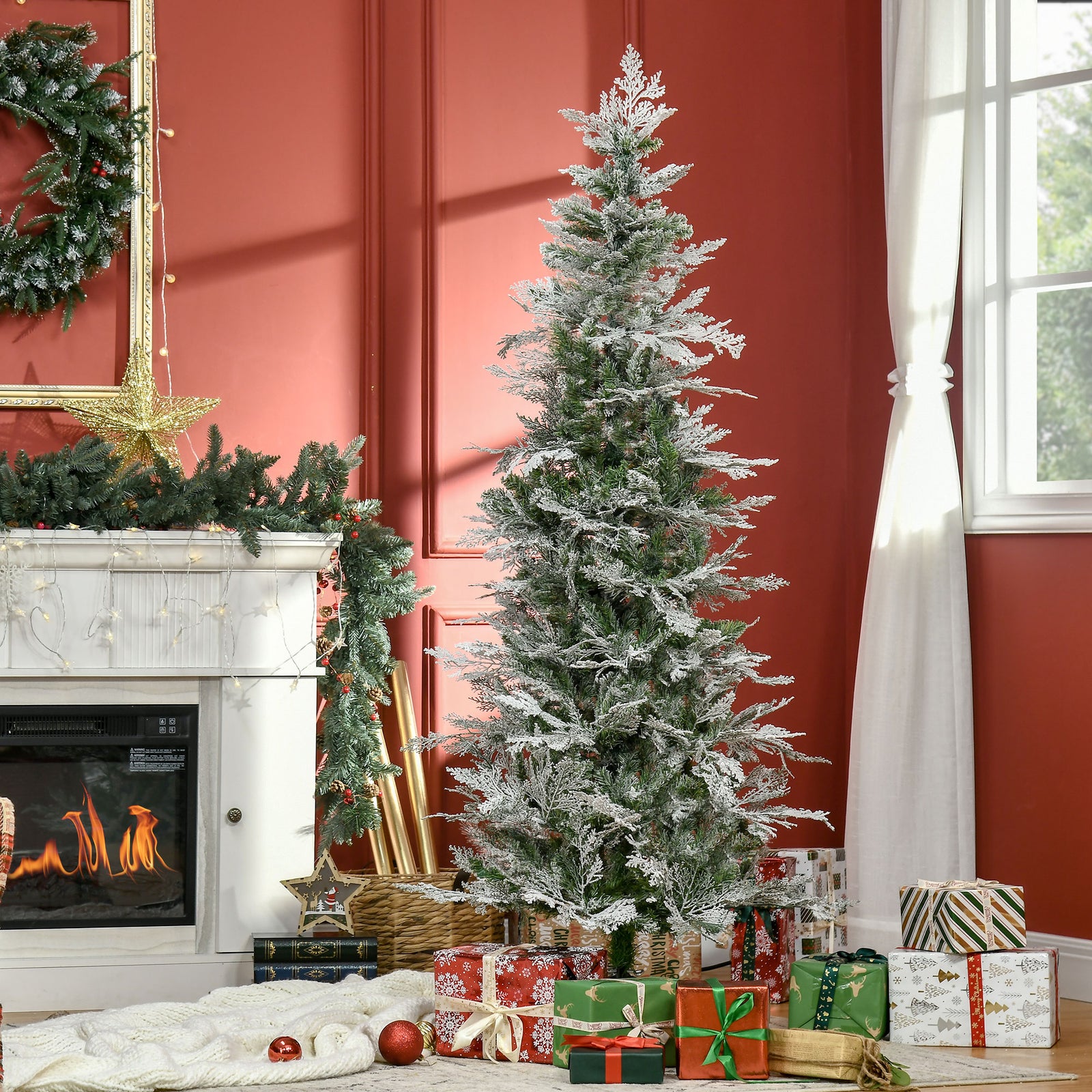 6/7ft Snow Flocked Artificial Christmas Tree Pencil Shape | 6ft | Green