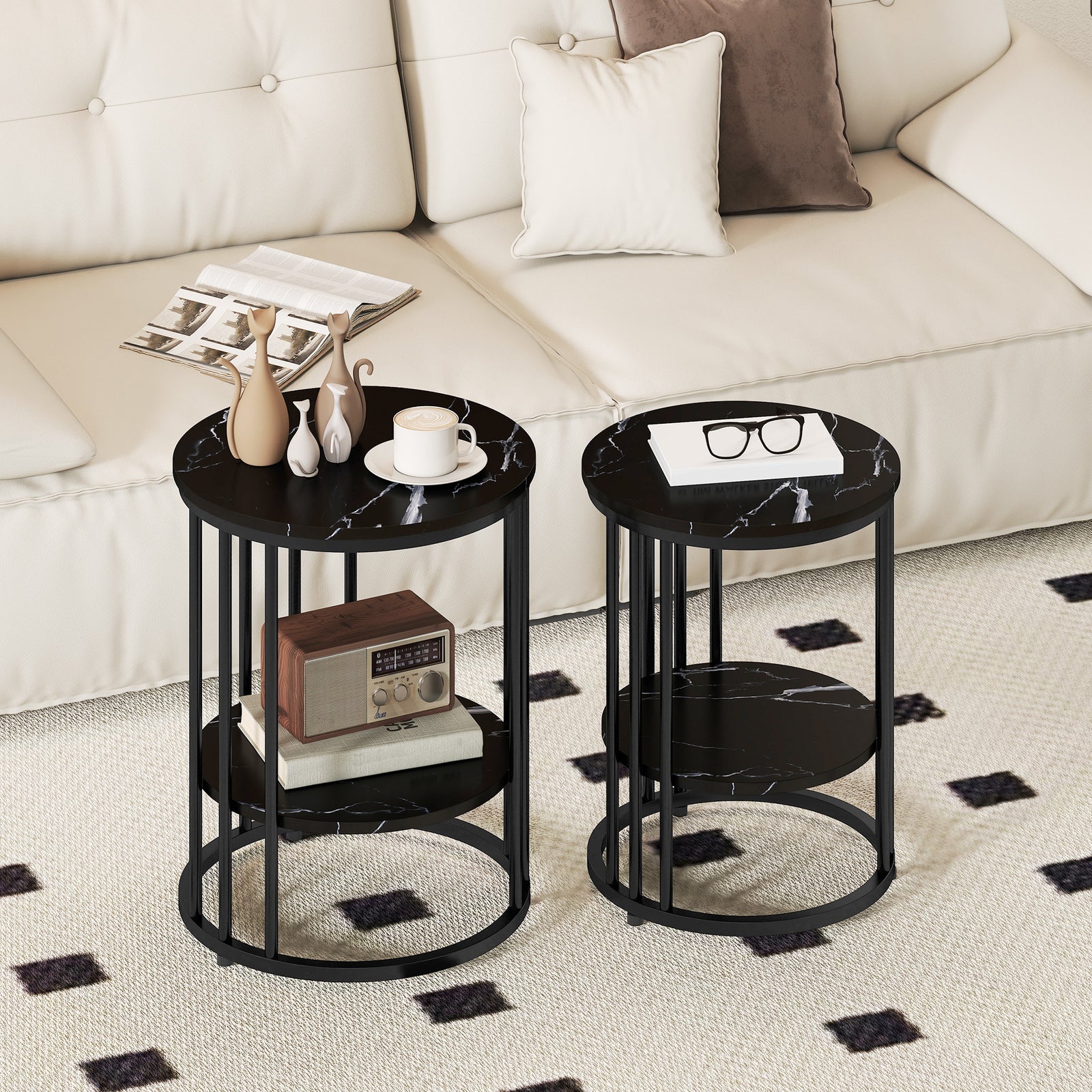 Marble-effect Round Coffee Table Set Of 2 For Living Room | Black