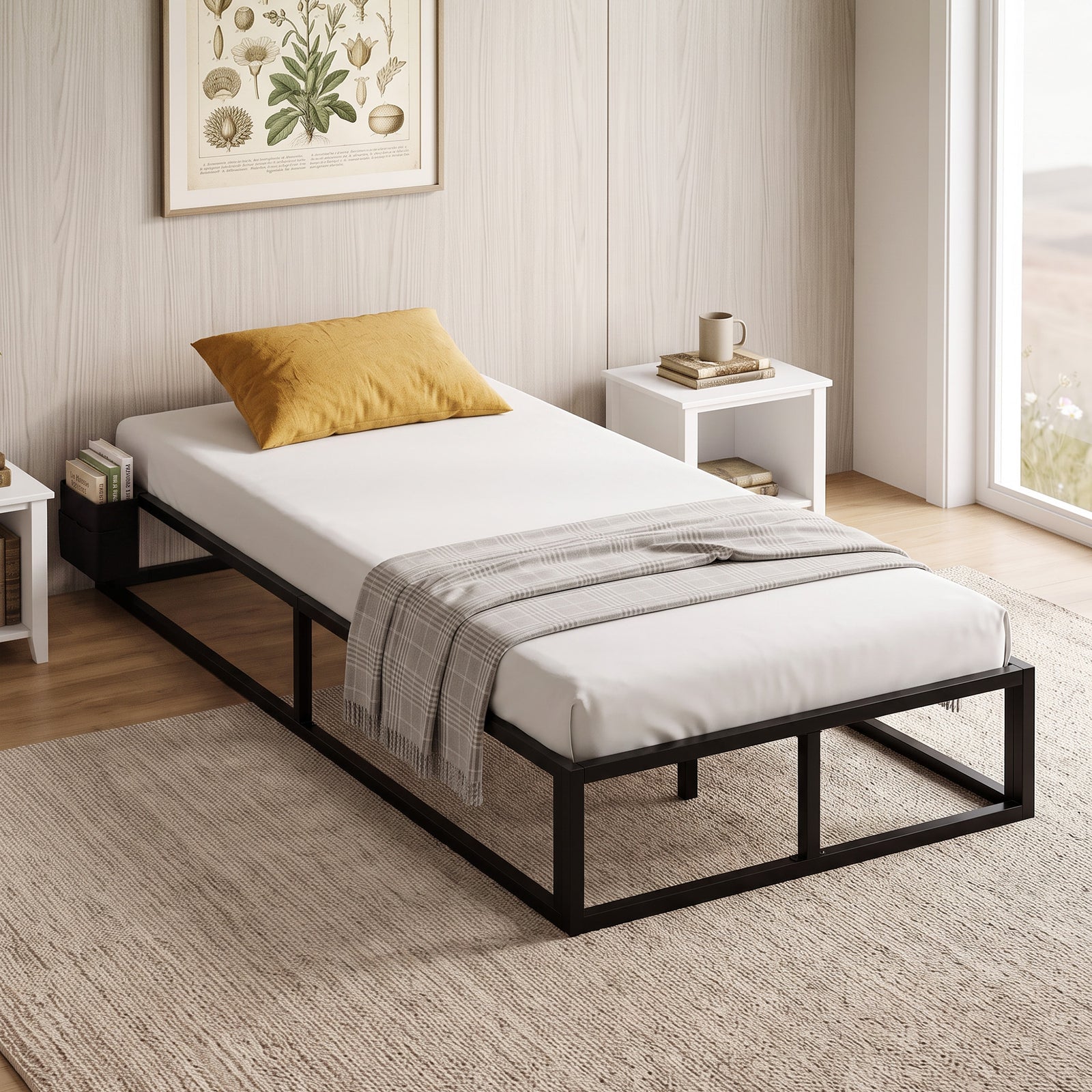 HOMCOM 12 Slats Metal Platform Bed Frame With Storage Bag, Black