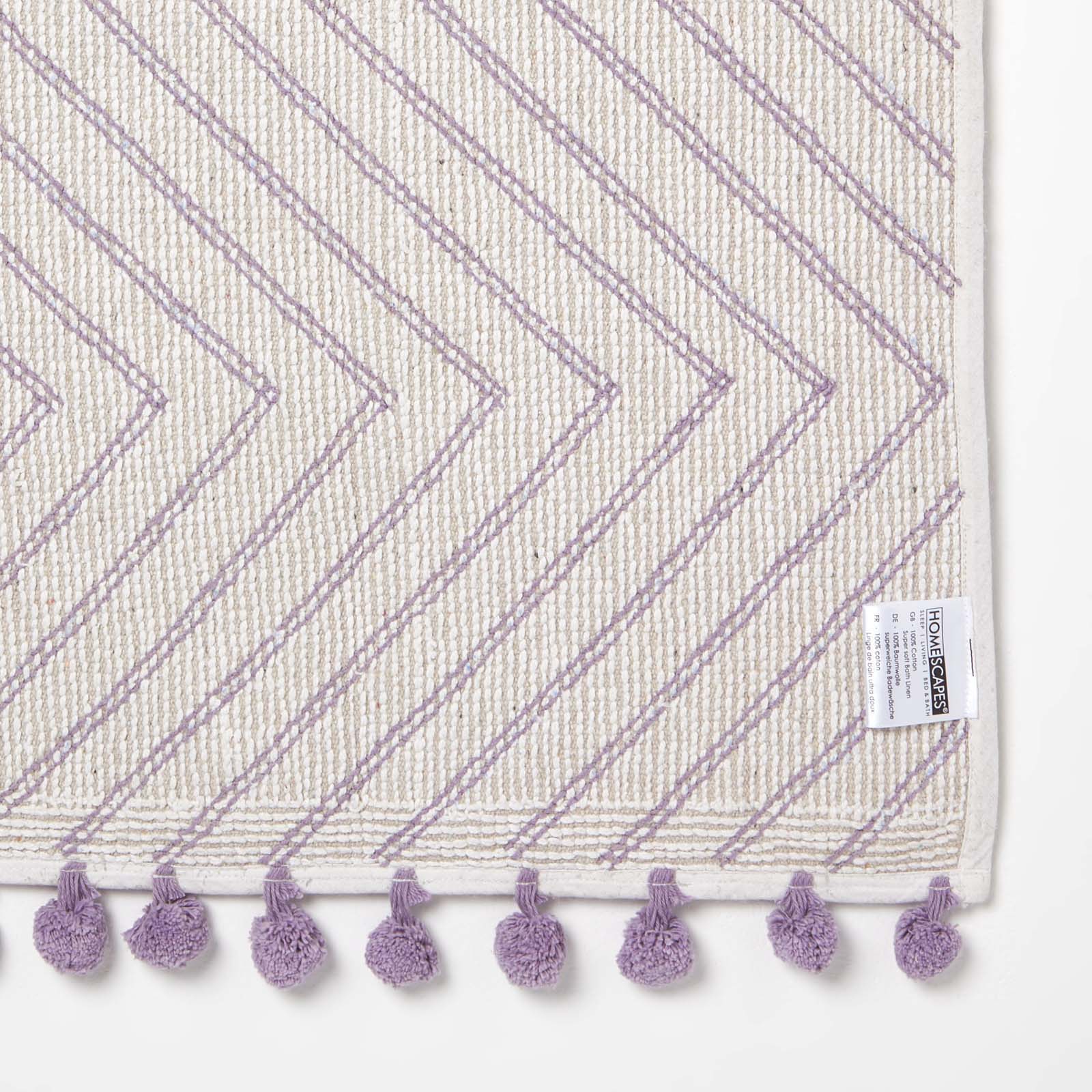 Tufted Cotton Bath Mat Zig Zag Design With Pom Poms | 50 x 80cm | Lilac
