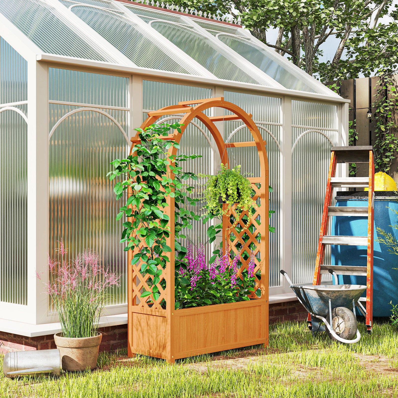Wooden Raised Garden Bed With Arch Trellis