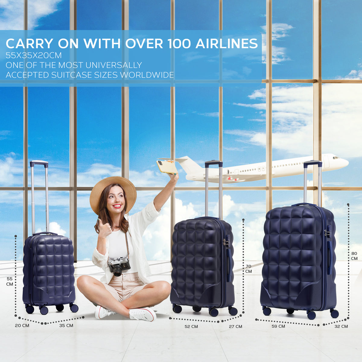 Set Of 3 Hard Case Bubble Design Check-in Size Suitcases Hold Luggage - Overhead Cabin Bag With Medium & Large Check-in 20kg+ Hold Suitcase | Set of 3 | Navy Blue