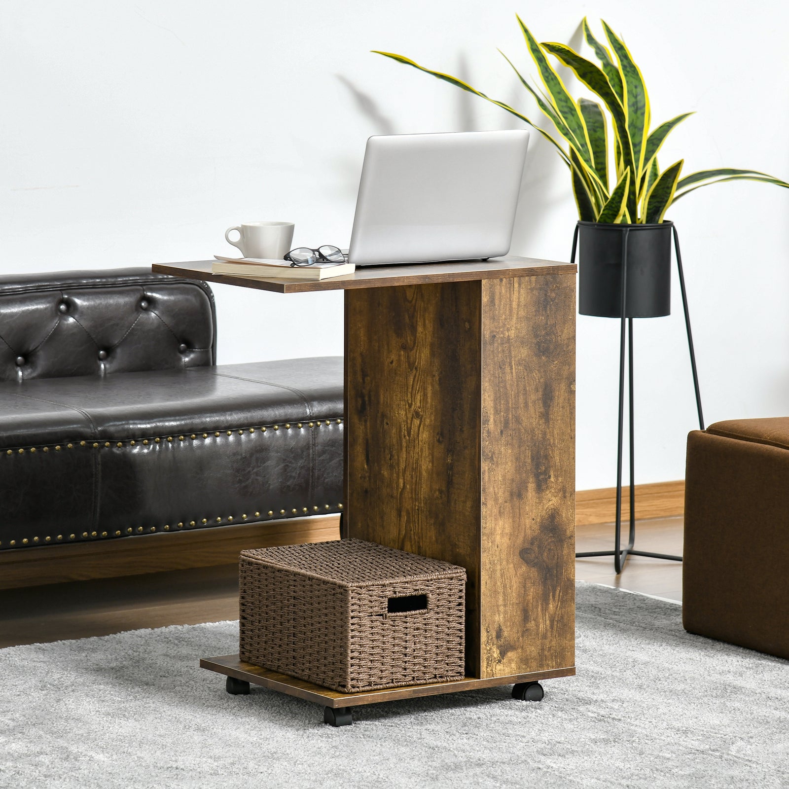 Mobile Sofa Side Table For Laptop Coffee W/ Storage | Brown