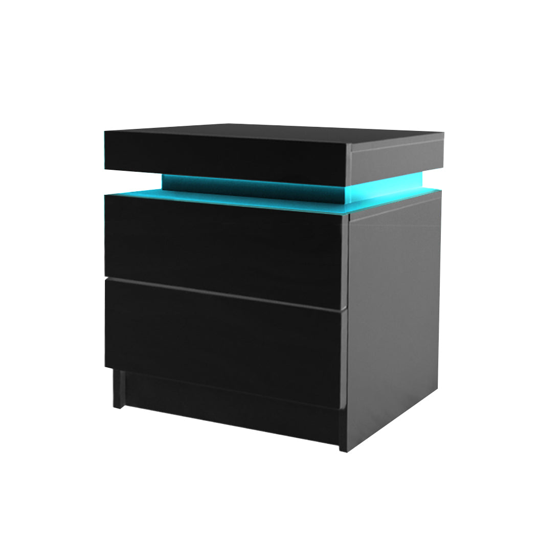 2 Drawer Bedside Table High Gloss Rgb Led Nightstand Cabinet | Black