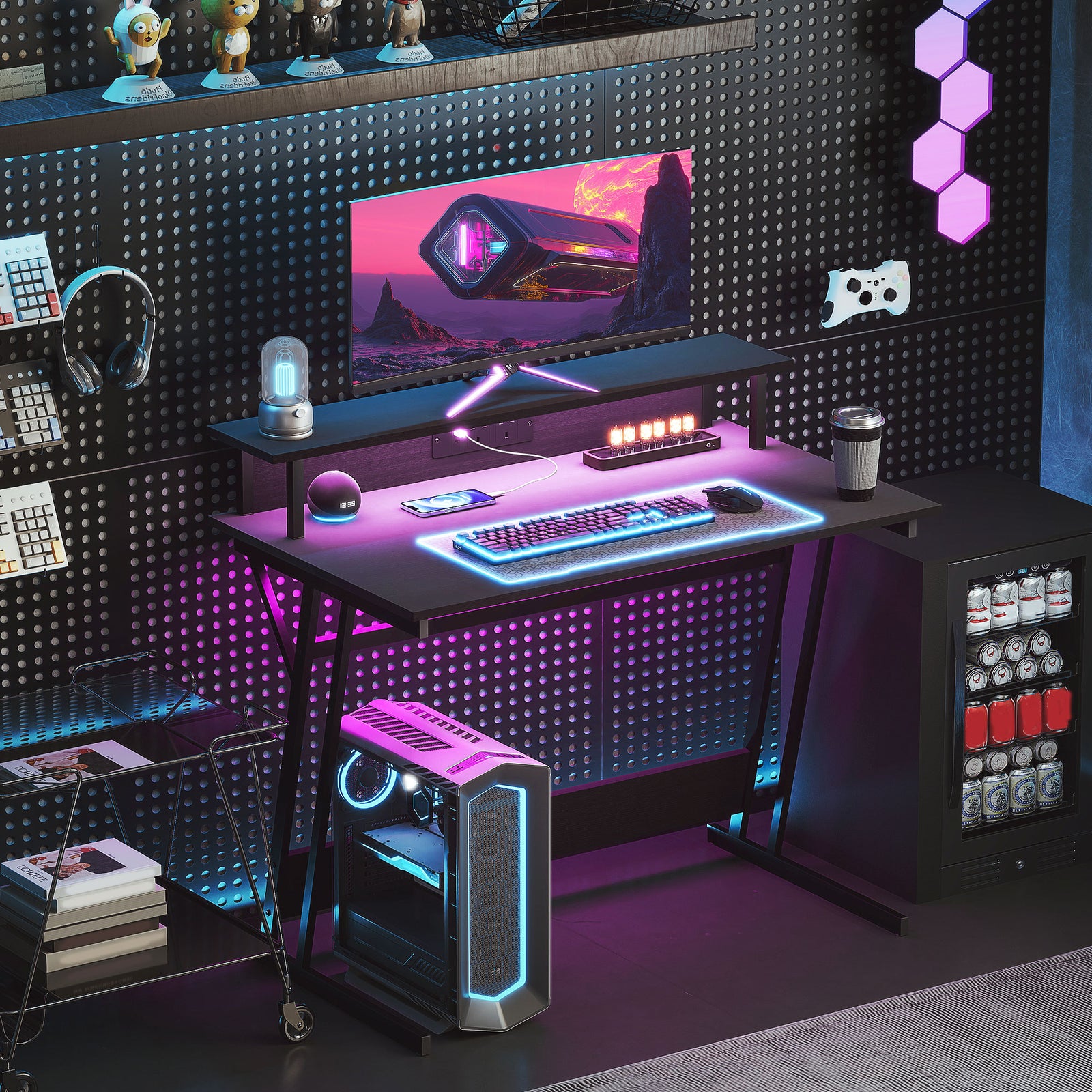 Led Gaming Desk With Power Outlets And Monitor Stand