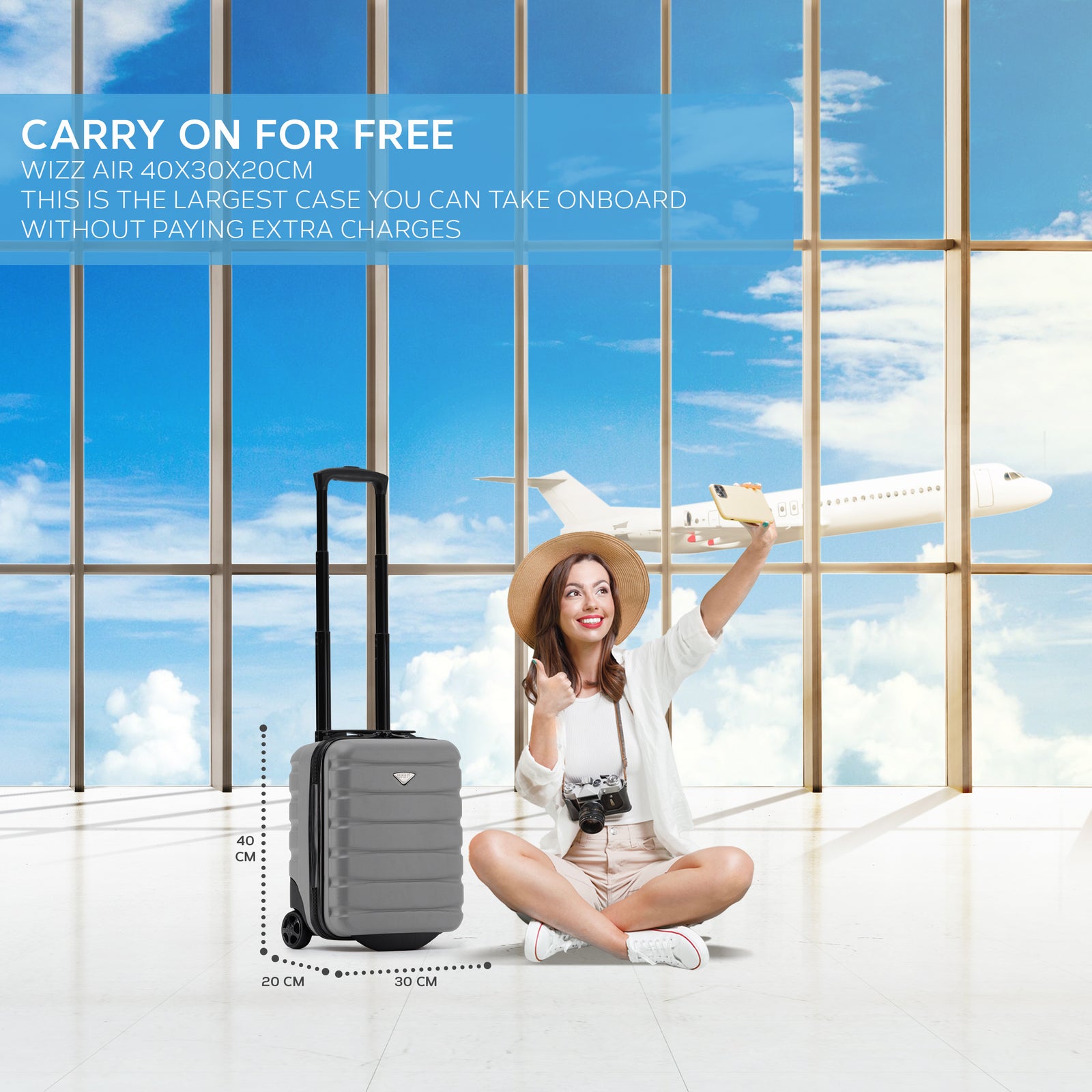 45x36x20cm Cabin Carry On Luggage with Medium Case and Large Size Check-in Hold Suitcase | Cabin | Light Grey