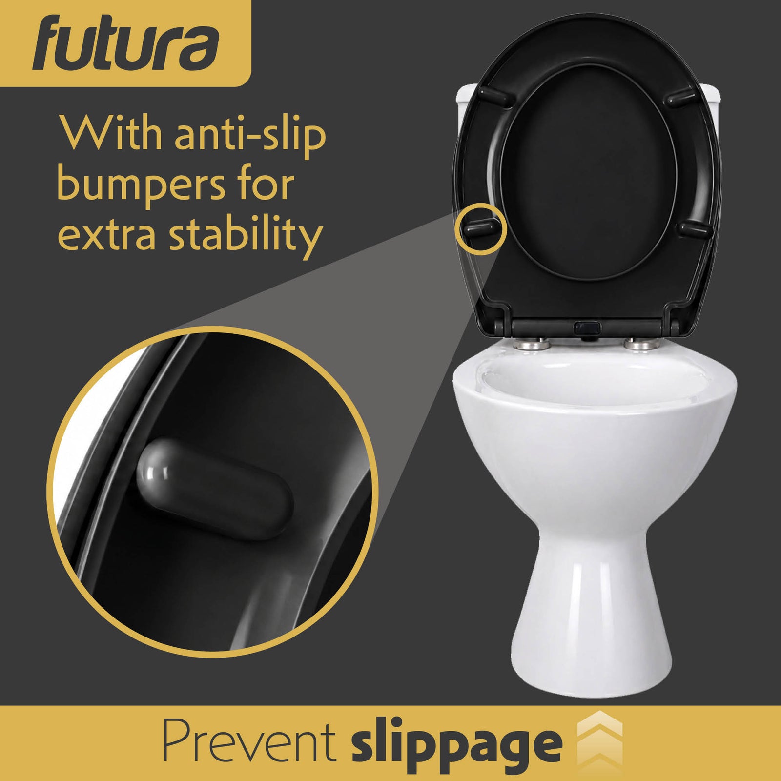 Toilet Seat Soft Close Oval Shape, Premium Thermoplastic, Quick Release, Top & Bottom Fixings | Black