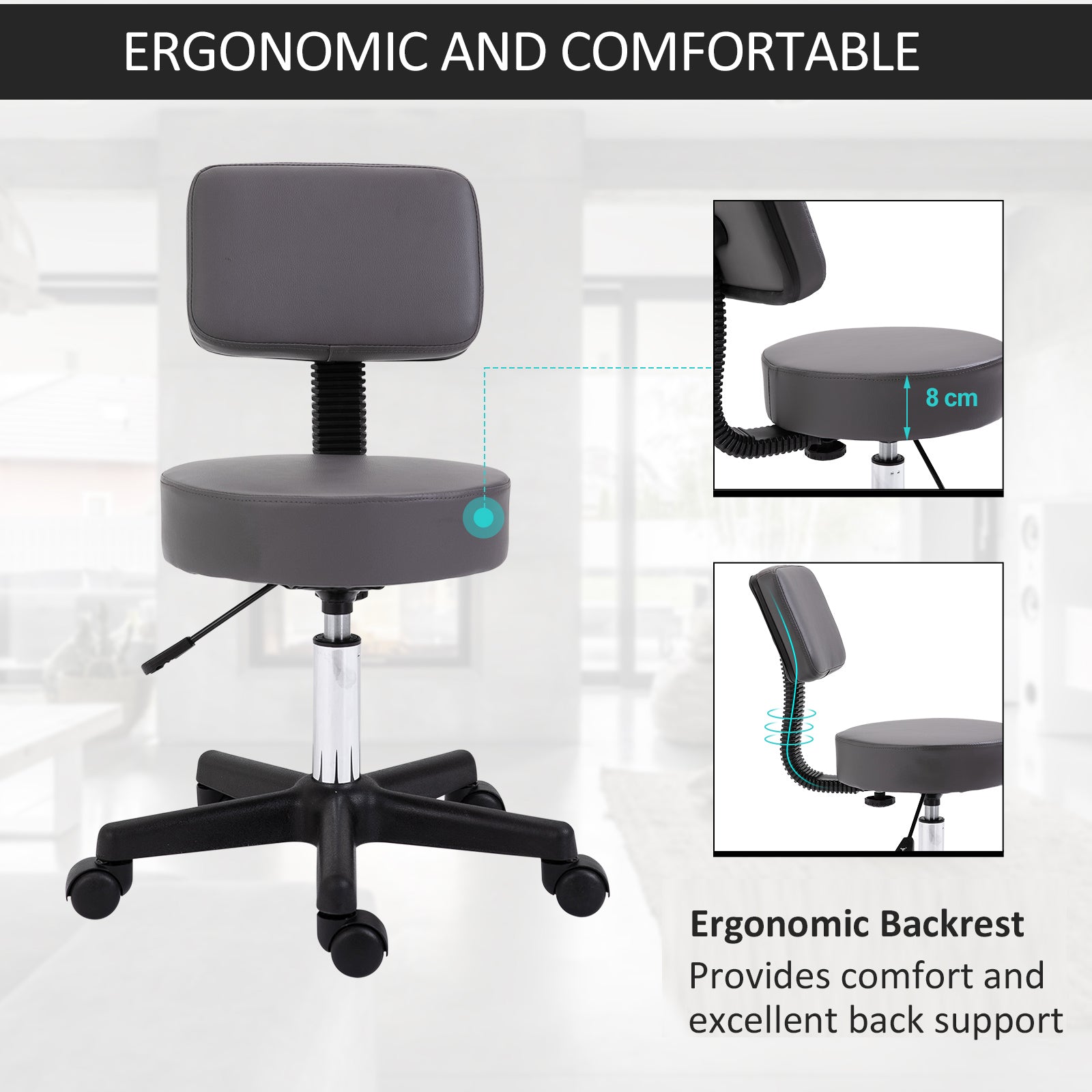 Adjustable Swivel Salon Chair Padded Seat Back 5 Wheels | One Size | Gray