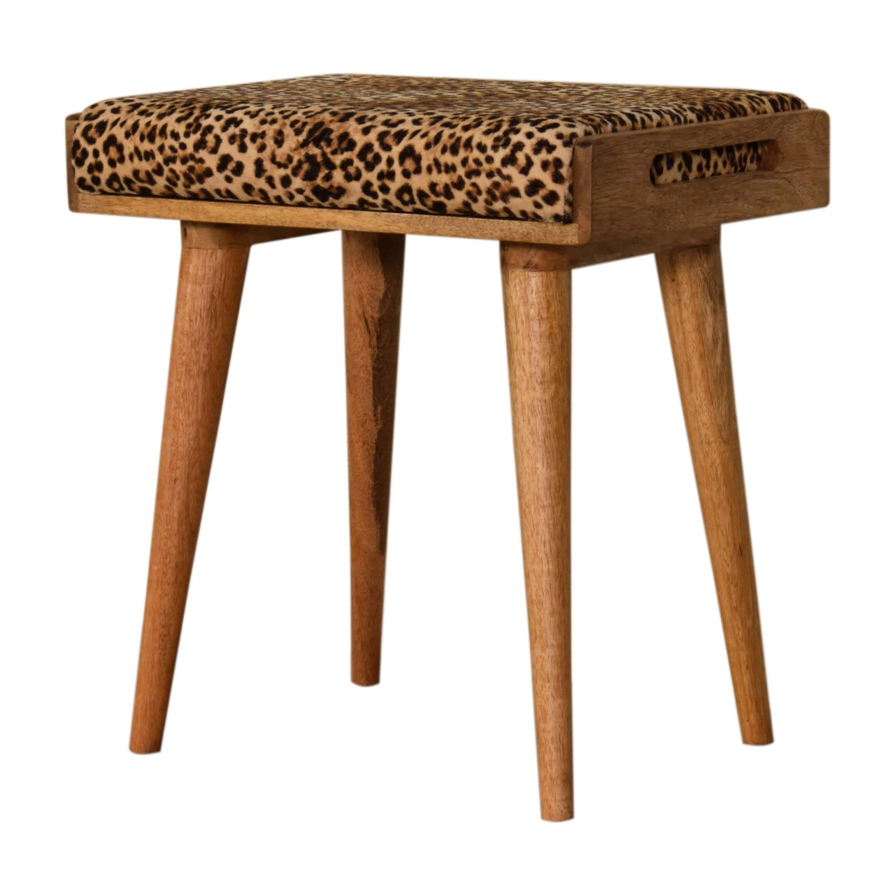 Solid Mango Wood Leopard Velvet Tray Style Footstool