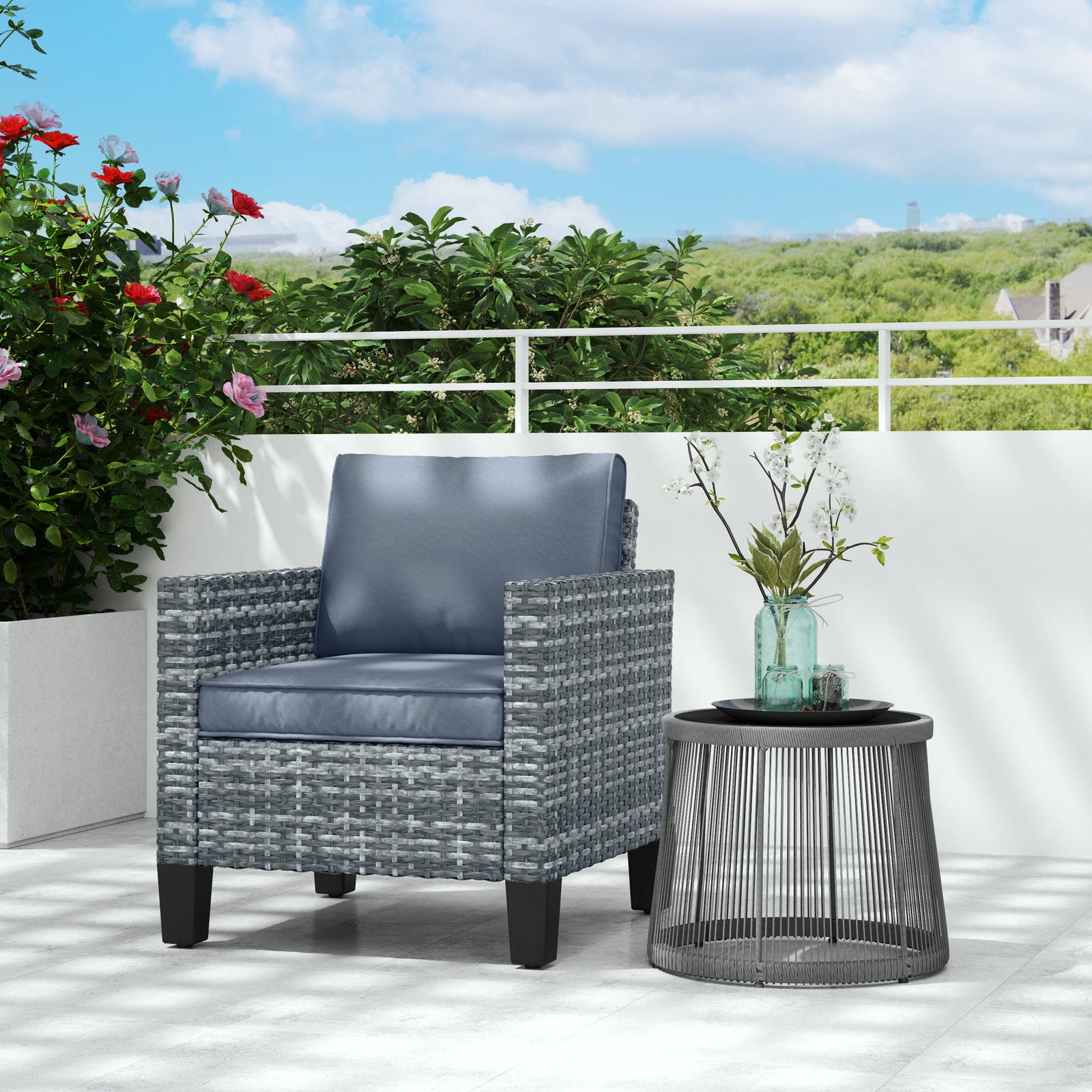 Single Rattan Chair, Garden Armchair W/ Cushions | Light Grey