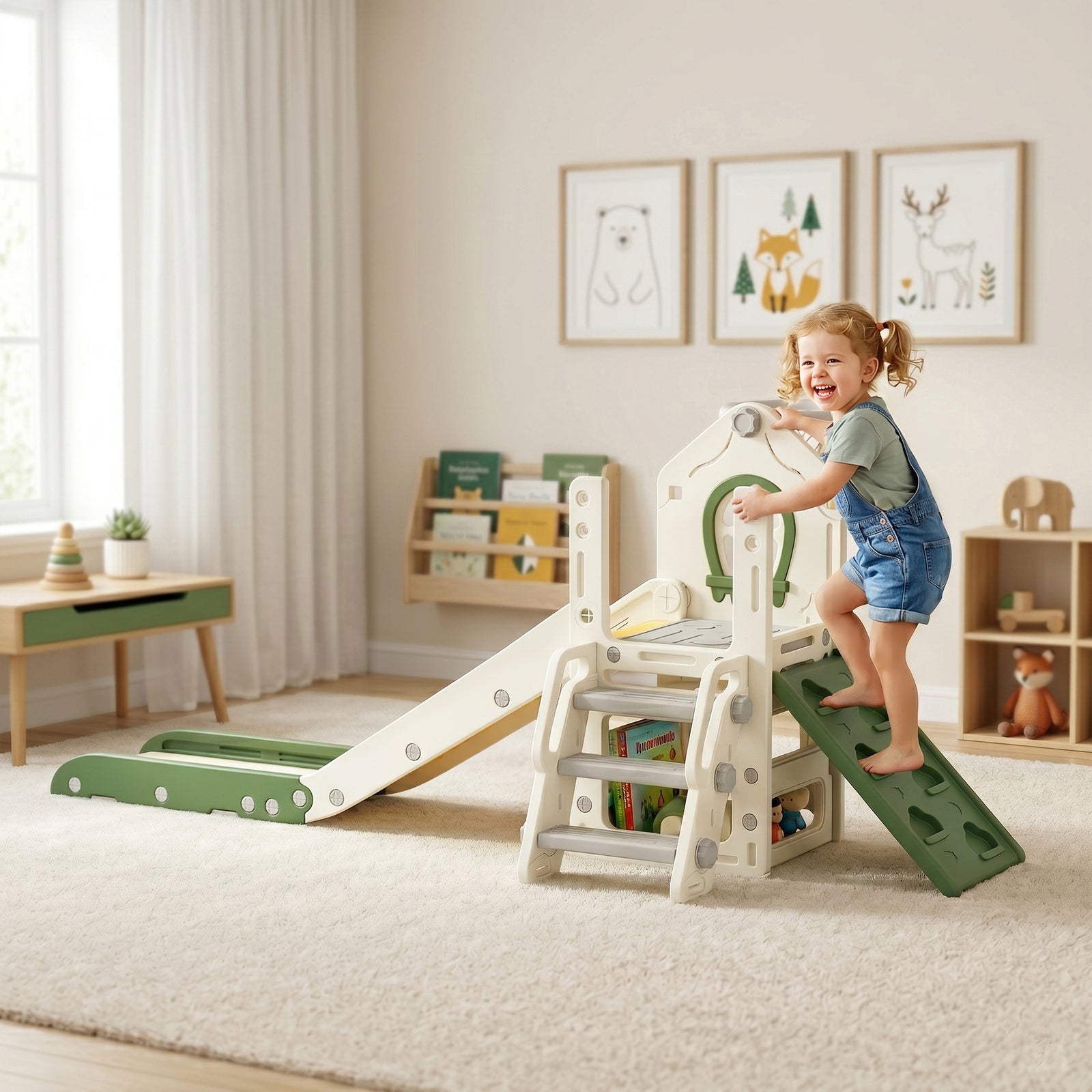 AIYAPLAY Foldable 5 In 1 Kids Slide With Climber And Basketball Hoop, Cream