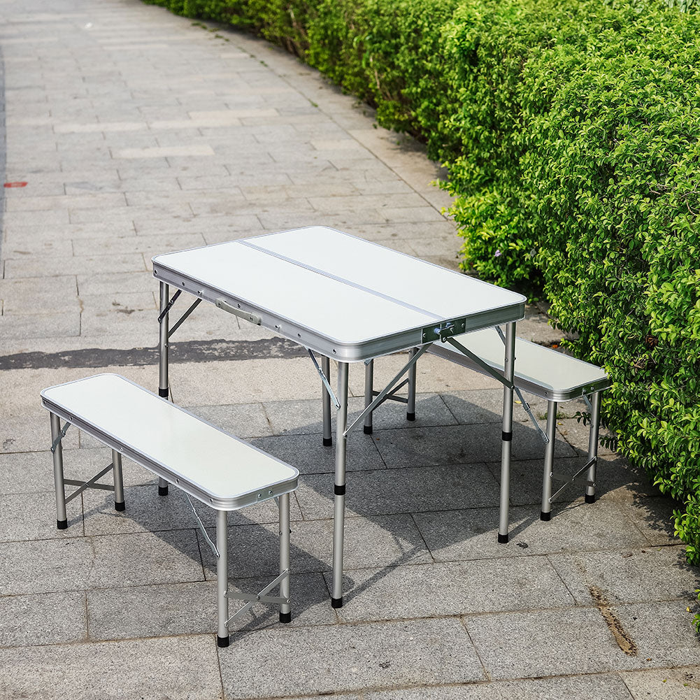 3 Pcs Picnic Table Set Aluminium Portable Folding Camping Table And Benches Set | Set of 3 | Silver