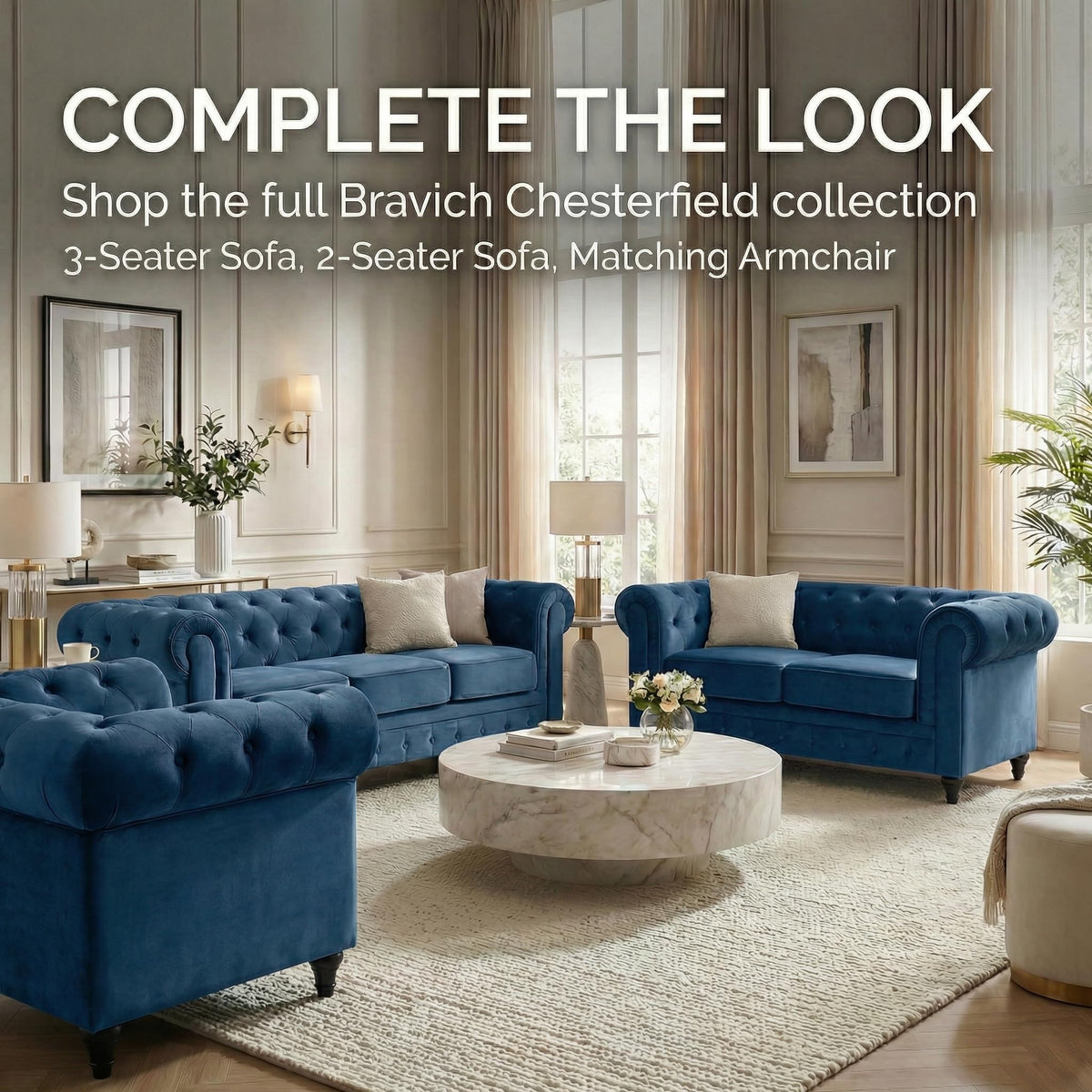 Chesterfield Scroll Arm Velvet Sofa 3 Seater | Navy Blue