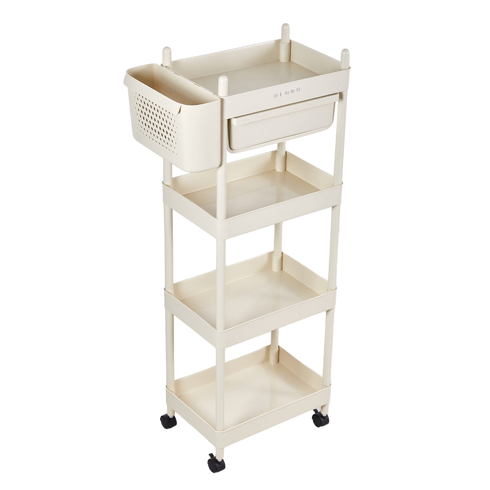 2/3/4-tier Rolling Storage Cart With Lockable Wheels Organizer Trolley With Hanging Baskets & Drawer | Large | Cream
