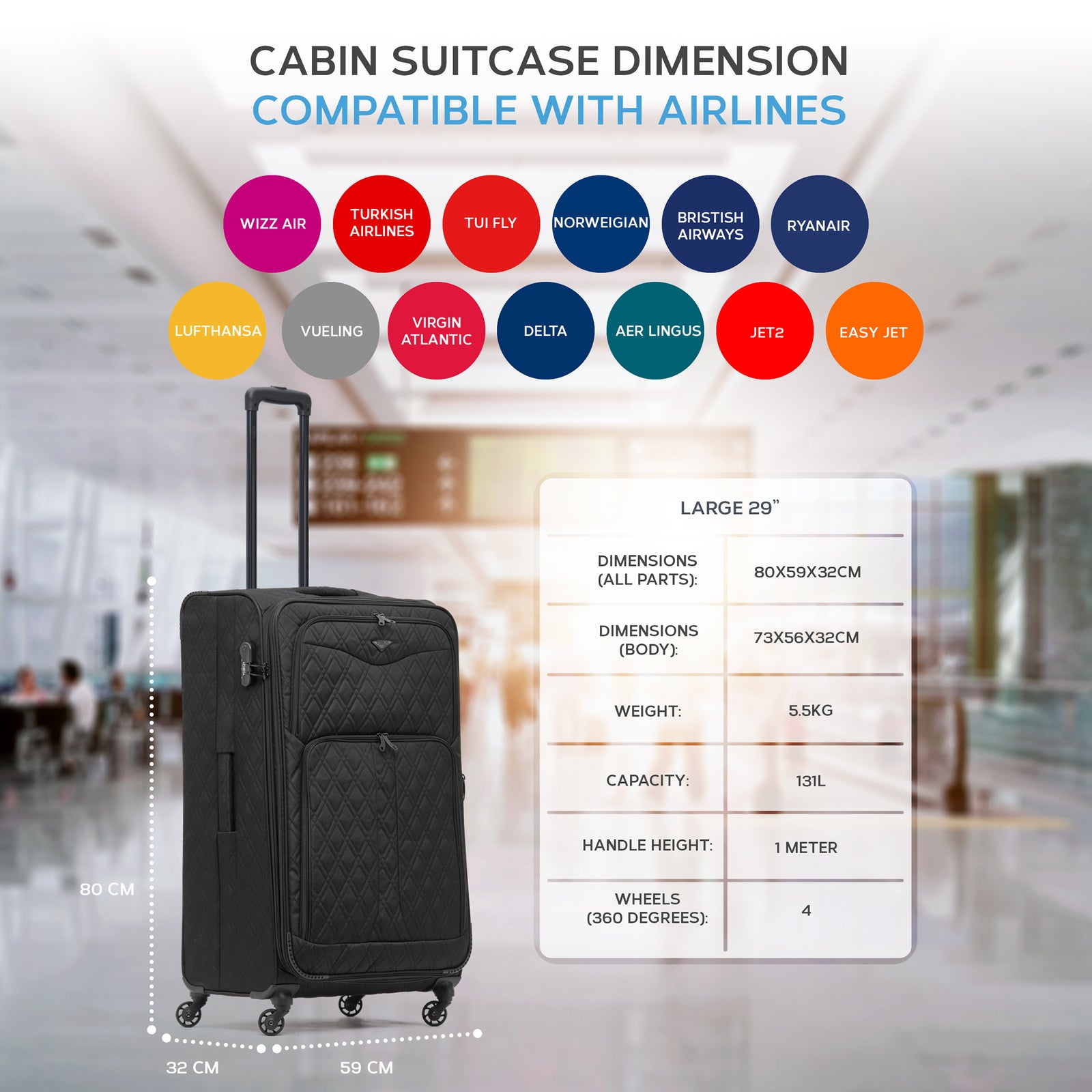Large  29.5" Lightweight 4 Wheel 800d Soft Case Quilted Suitcases Set Of 3 Anti Crack - Cabin & Hold Luggage 100+ Airlines Approved | Large | Black
