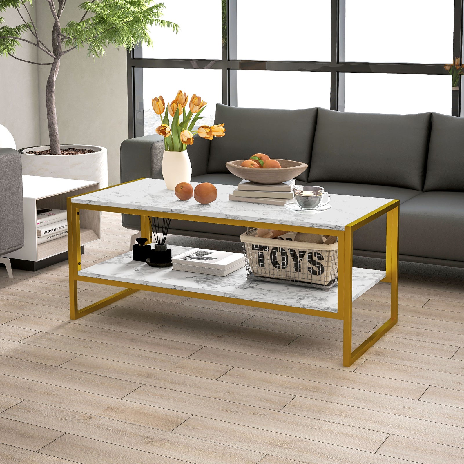 Two-tier Coffee Table, Marble Effect | White