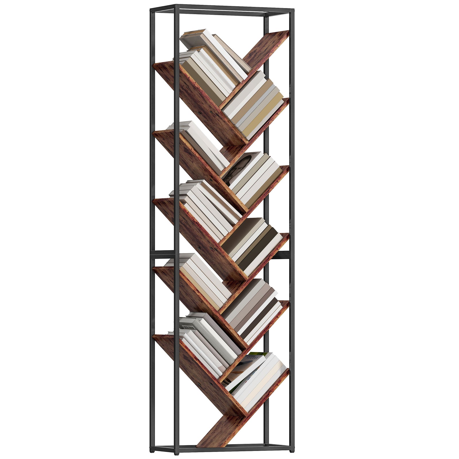 10 Tier Tree Bookshelf Industrial Tall Bookcase | Rustic Brown