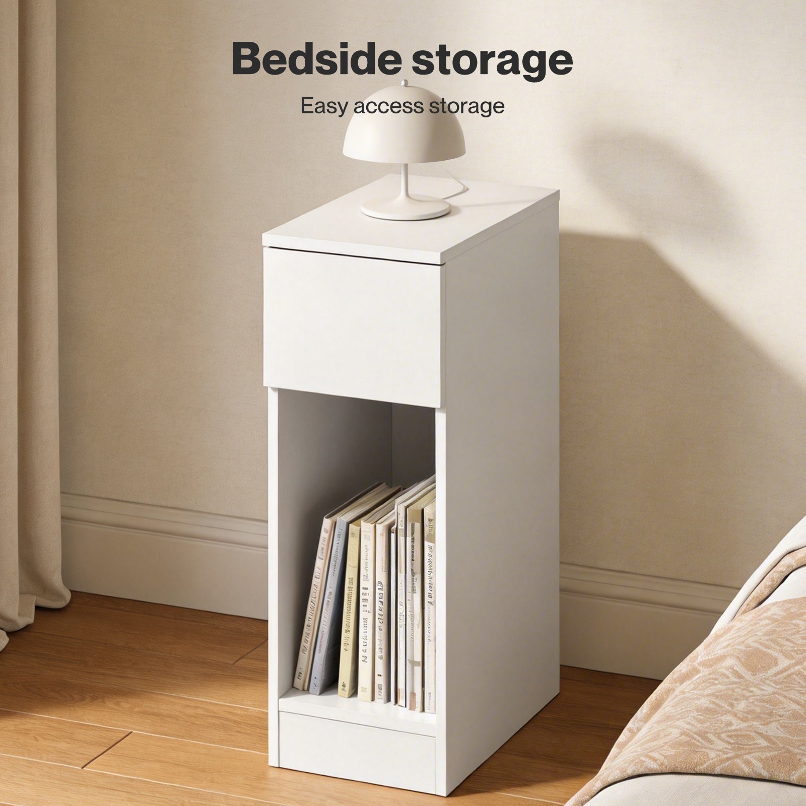 Bedside Table Cabinet  Narrow Slim Side Cabinet White Drawer Open Shelf | White