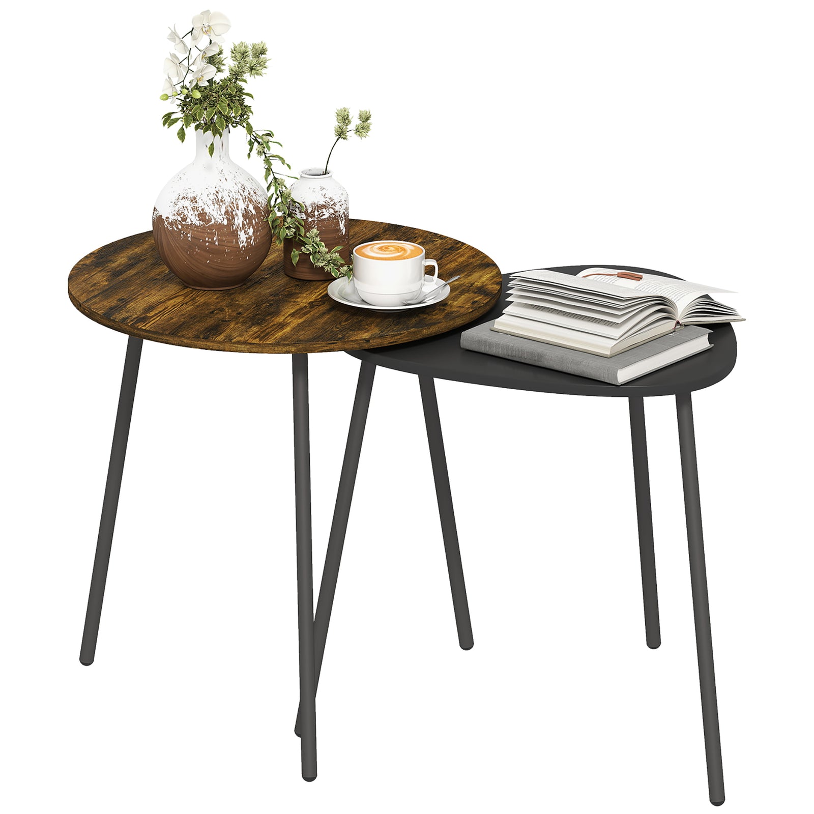 HOMCOM Set Of 2 Nesting Side Table With Metal Frame, Rustic Brown