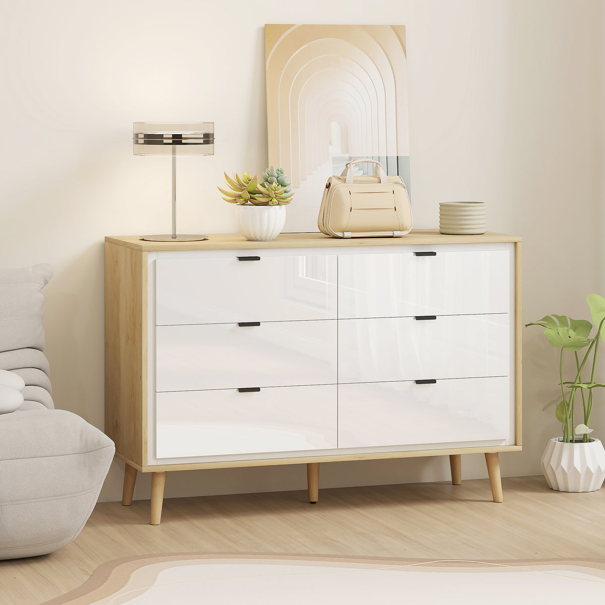 HOMCOM Storage Cabinet With 6 Drawers And 5 Legs, High Gloss White