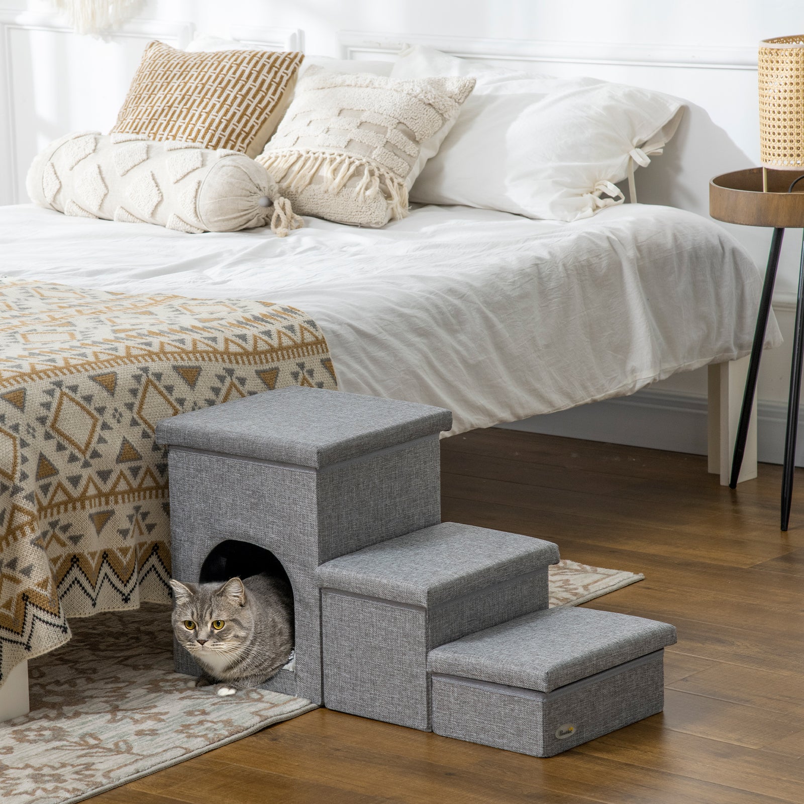 3 Step Dog Steps For Bed W/ Cat House Storage Boxes For Sofa Grey